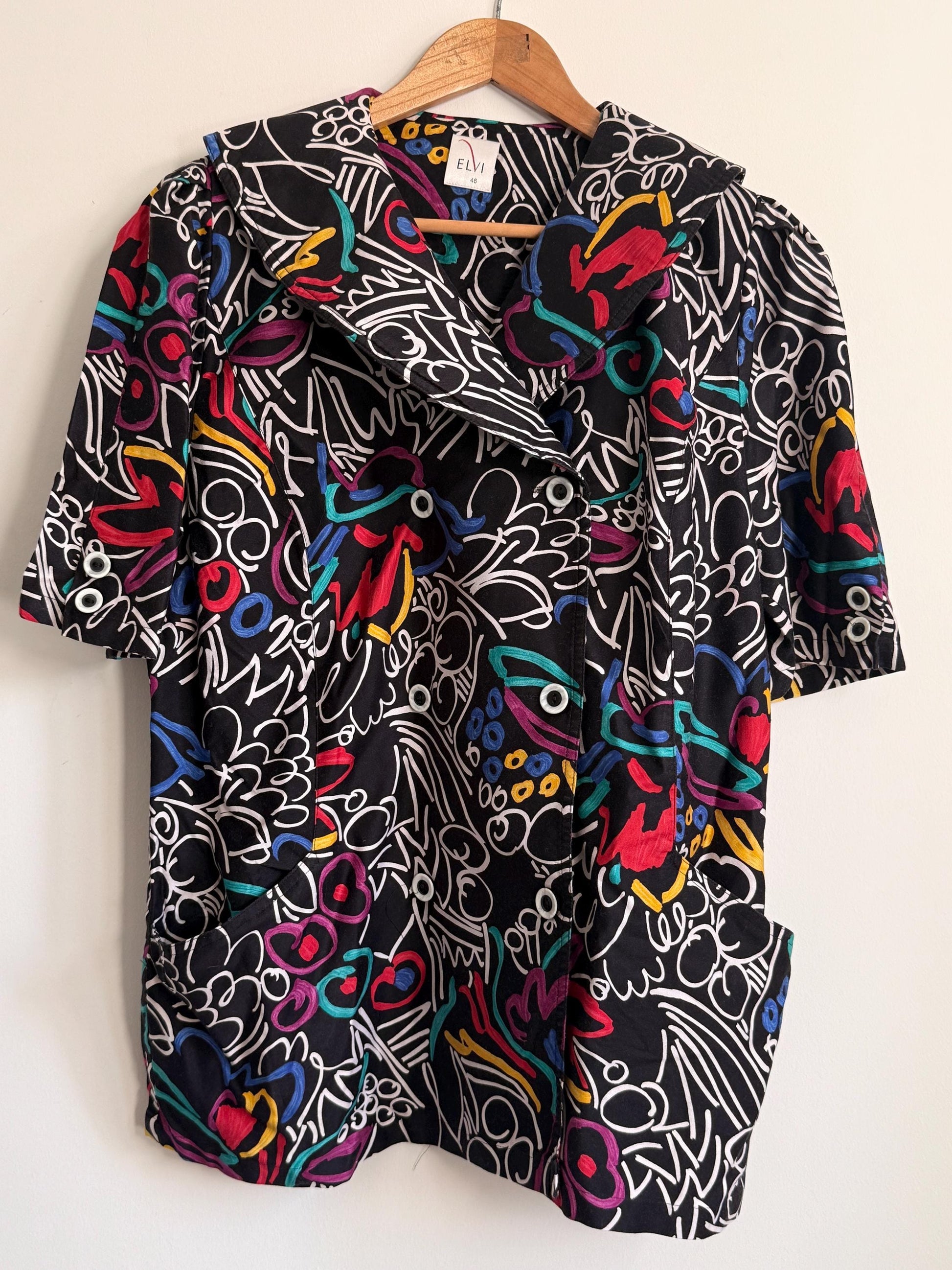 Vintage ELVI Abstract Print Blouse UK 18 | Colourful Graphic Shirt | 1980s Oversized Blouse | Retro Statement Top, Eleven Top