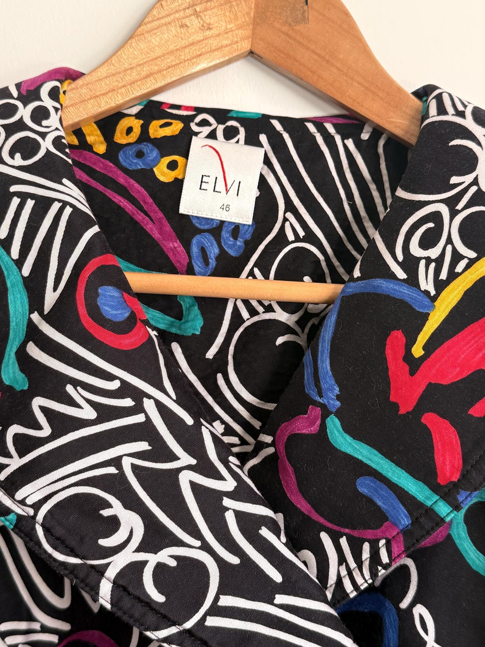 Vintage ELVI Abstract Print Blouse UK 18 | Colourful Graphic Shirt | 1980s Oversized Blouse | Retro Statement Top, Eleven Top
