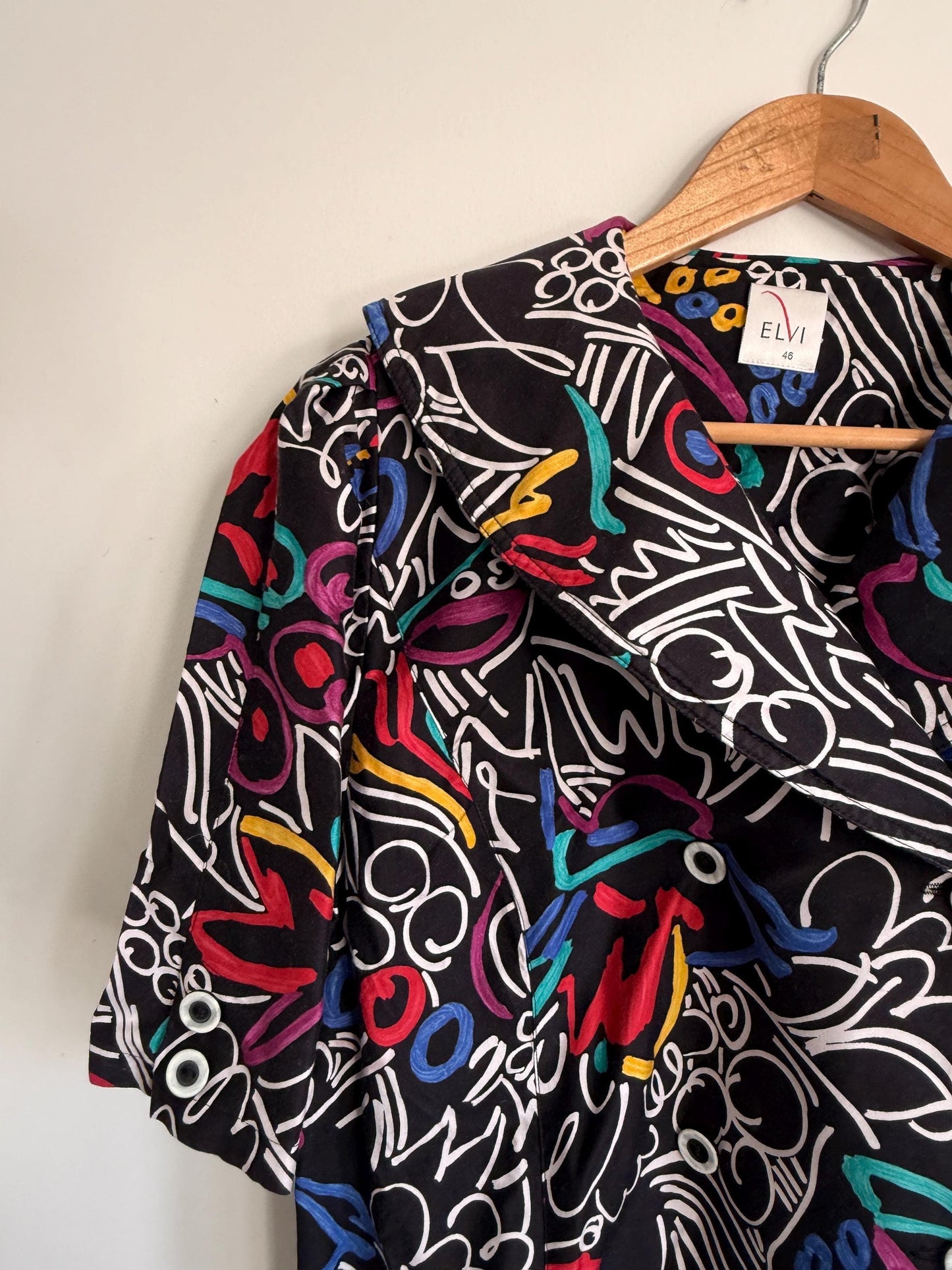 Vintage ELVI Abstract Print Blouse UK 18 | Colourful Graphic Shirt | 1980s Oversized Blouse | Retro Statement Top, Eleven Top
