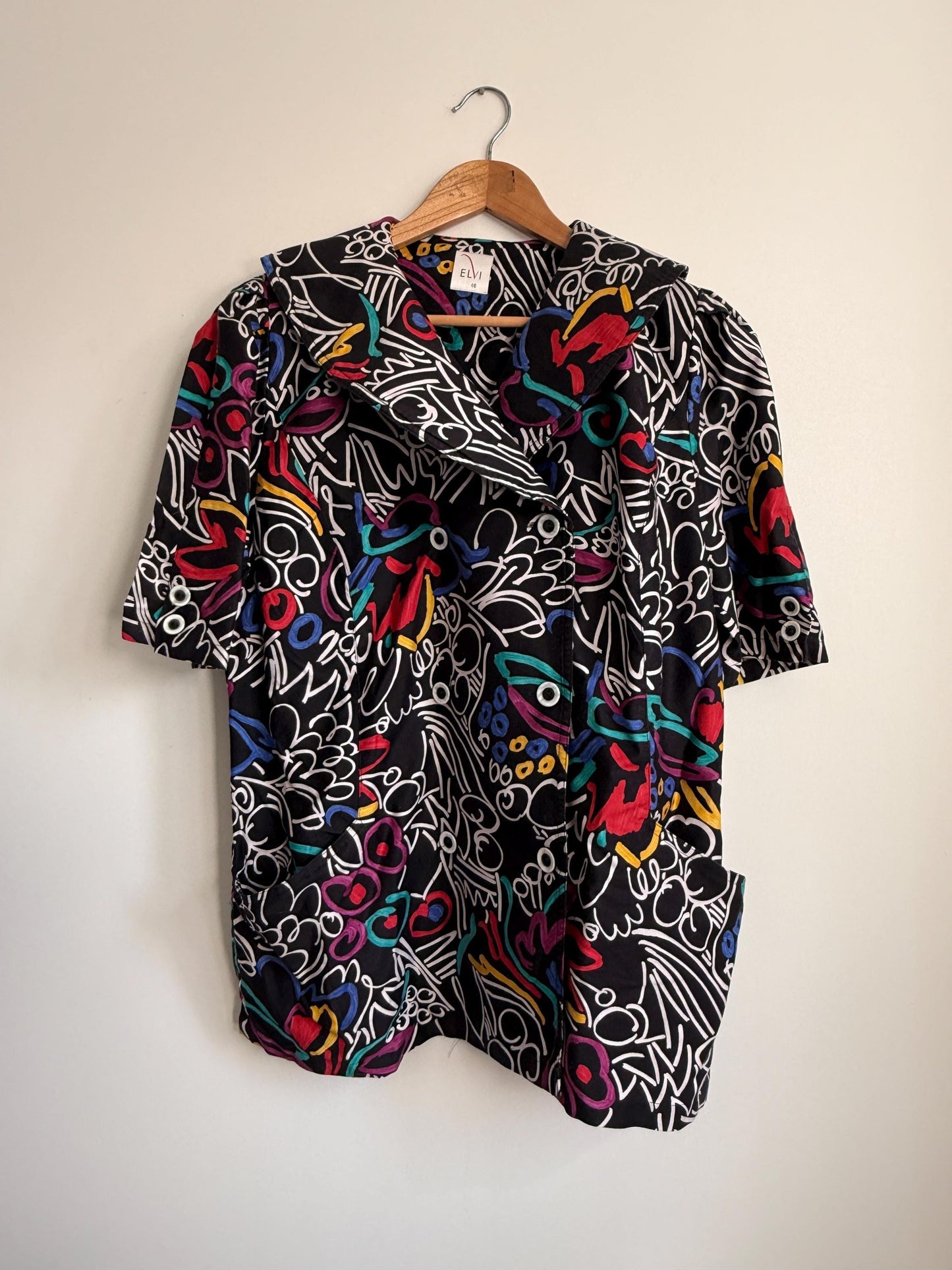 Vintage ELVI Abstract Print Blouse UK 18 | Colourful Graphic Shirt | 1980s Oversized Blouse | Retro Statement Top, Eleven Top
