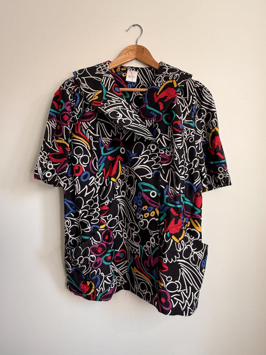 Vintage ELVI Abstract Print Blouse UK 18 | Colourful Graphic Shirt | 1980s Oversized Blouse | Retro Statement Top, Eleven Top