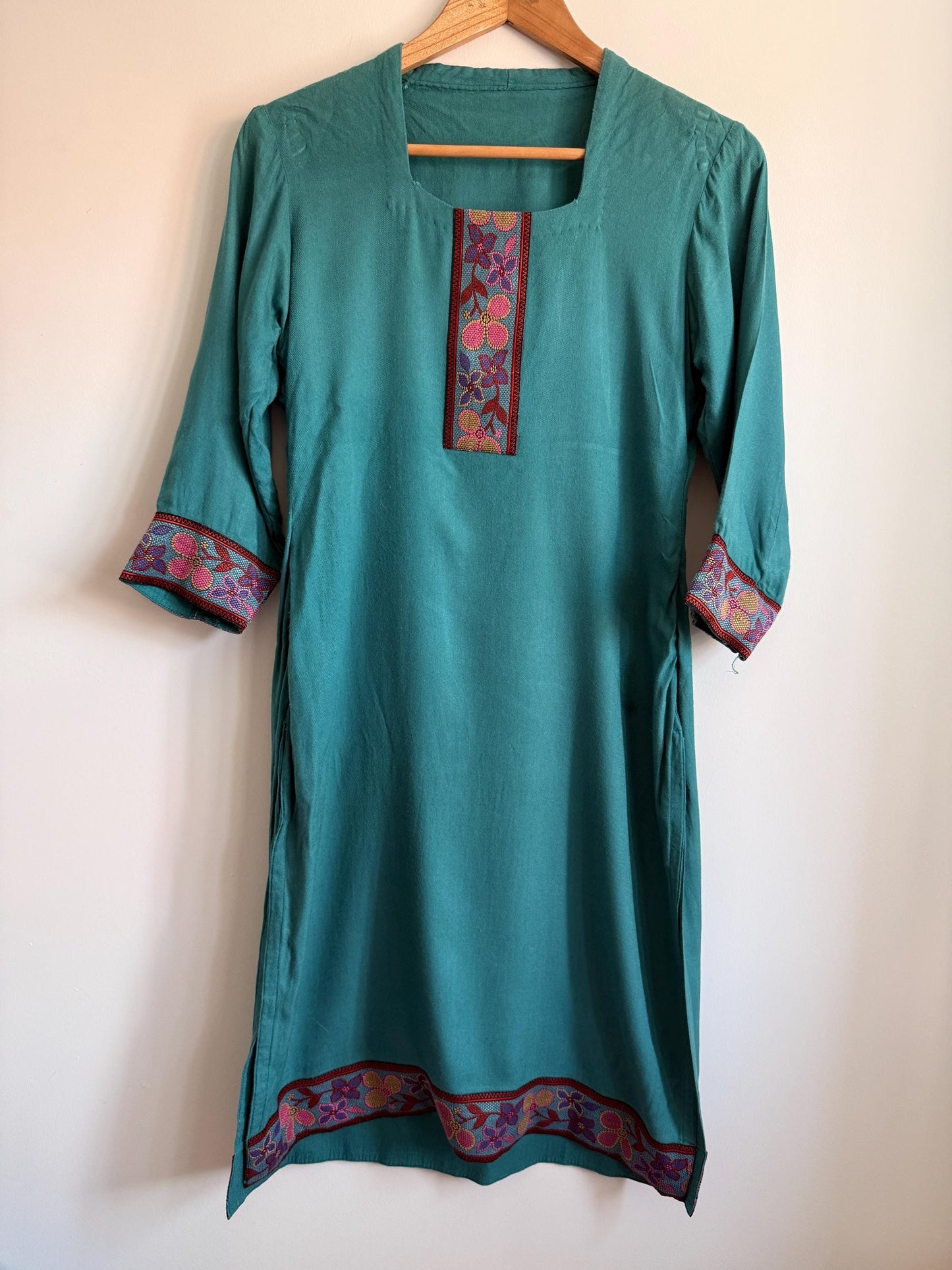 Vintage Embroidered Tunic Dress | Teal Cotton Dress | Boho Folk Dress | Embroidered Midi Dress | Festival Dress | UK 10 12