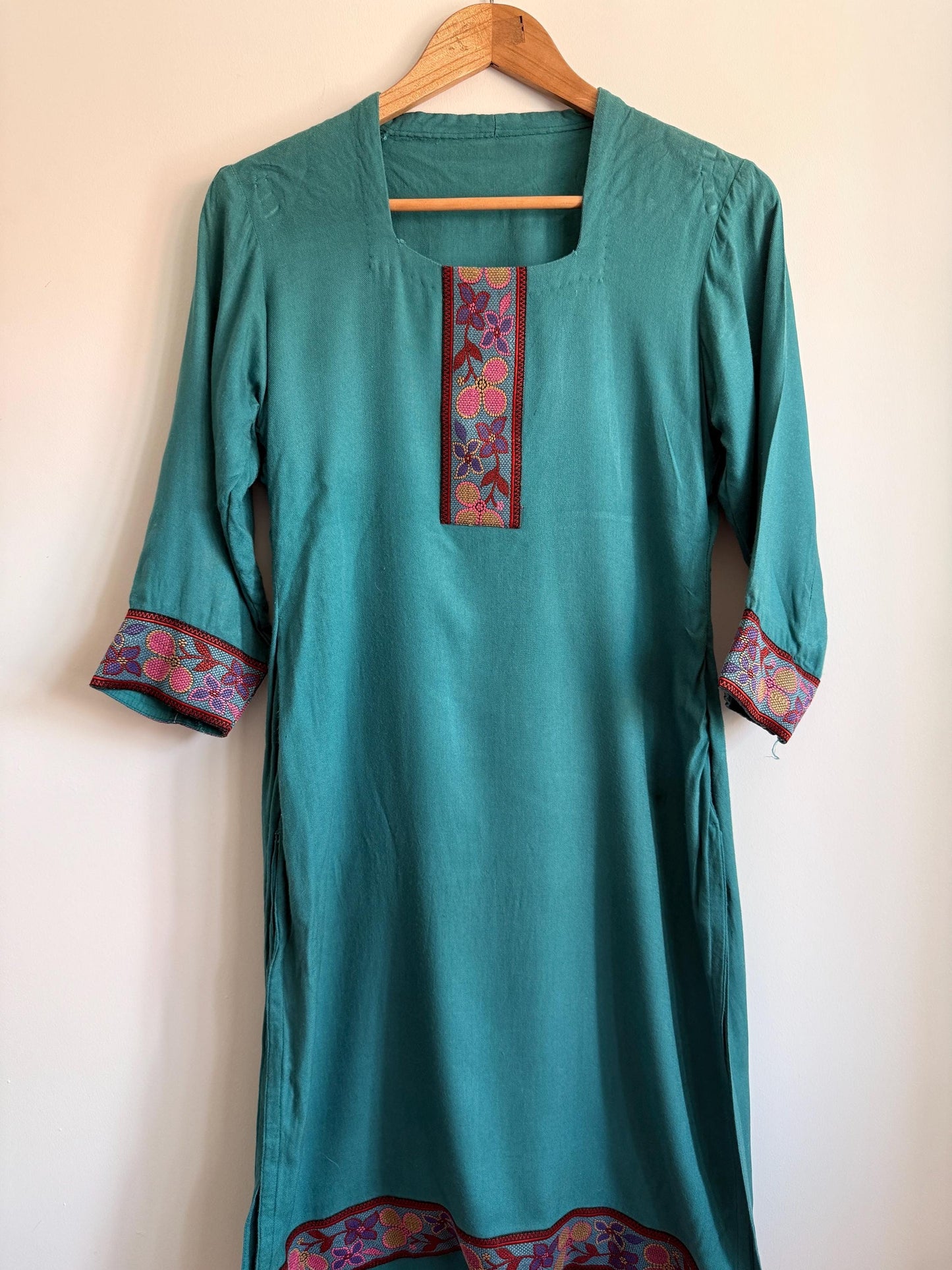 Vintage Embroidered Tunic Dress | Teal Cotton Dress | Boho Folk Dress | Embroidered Midi Dress | Festival Dress | UK 10 12