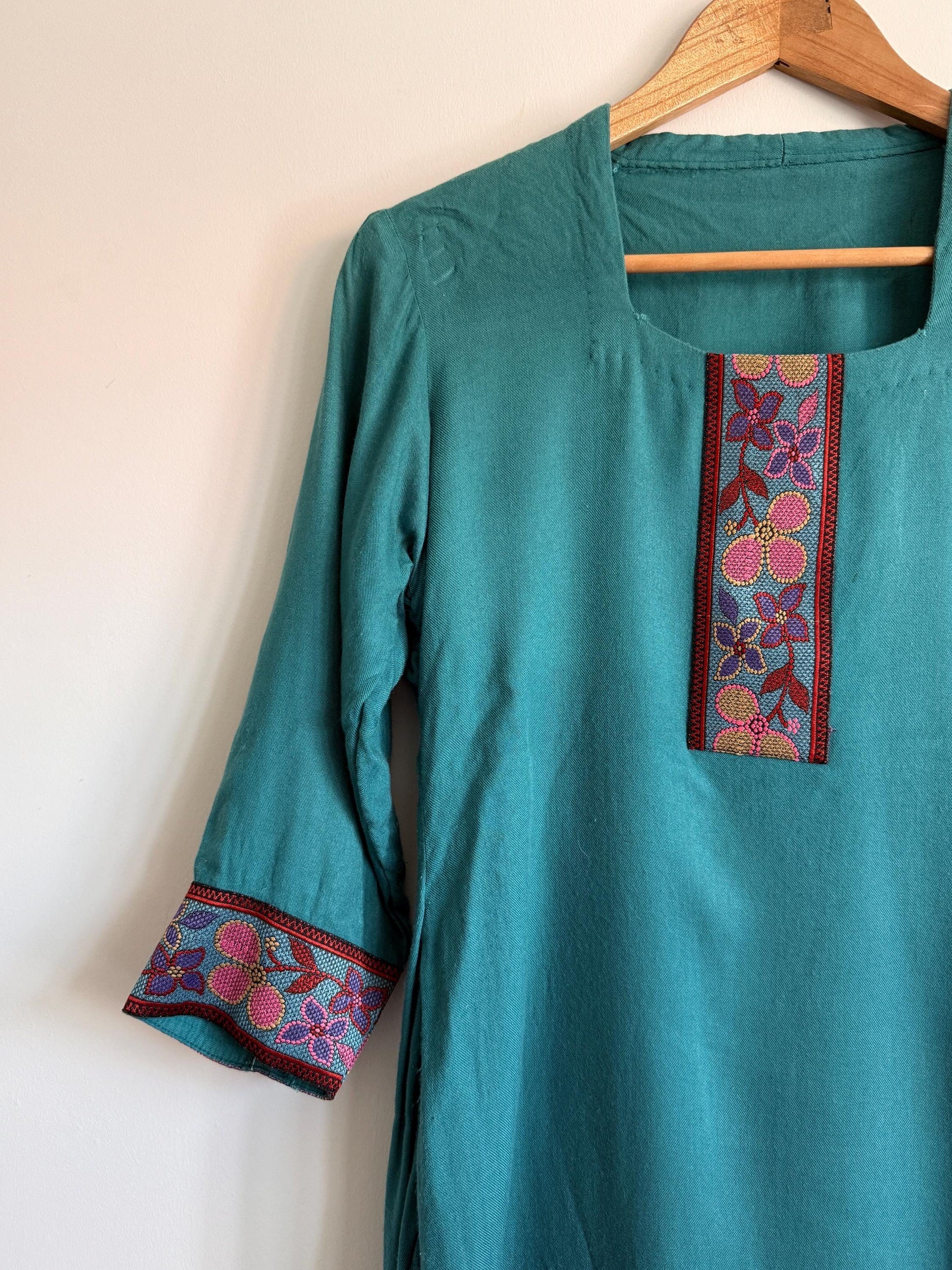 Vintage Embroidered Tunic Dress | Teal Cotton Dress | Boho Folk Dress | Embroidered Midi Dress | Festival Dress | UK 10 12