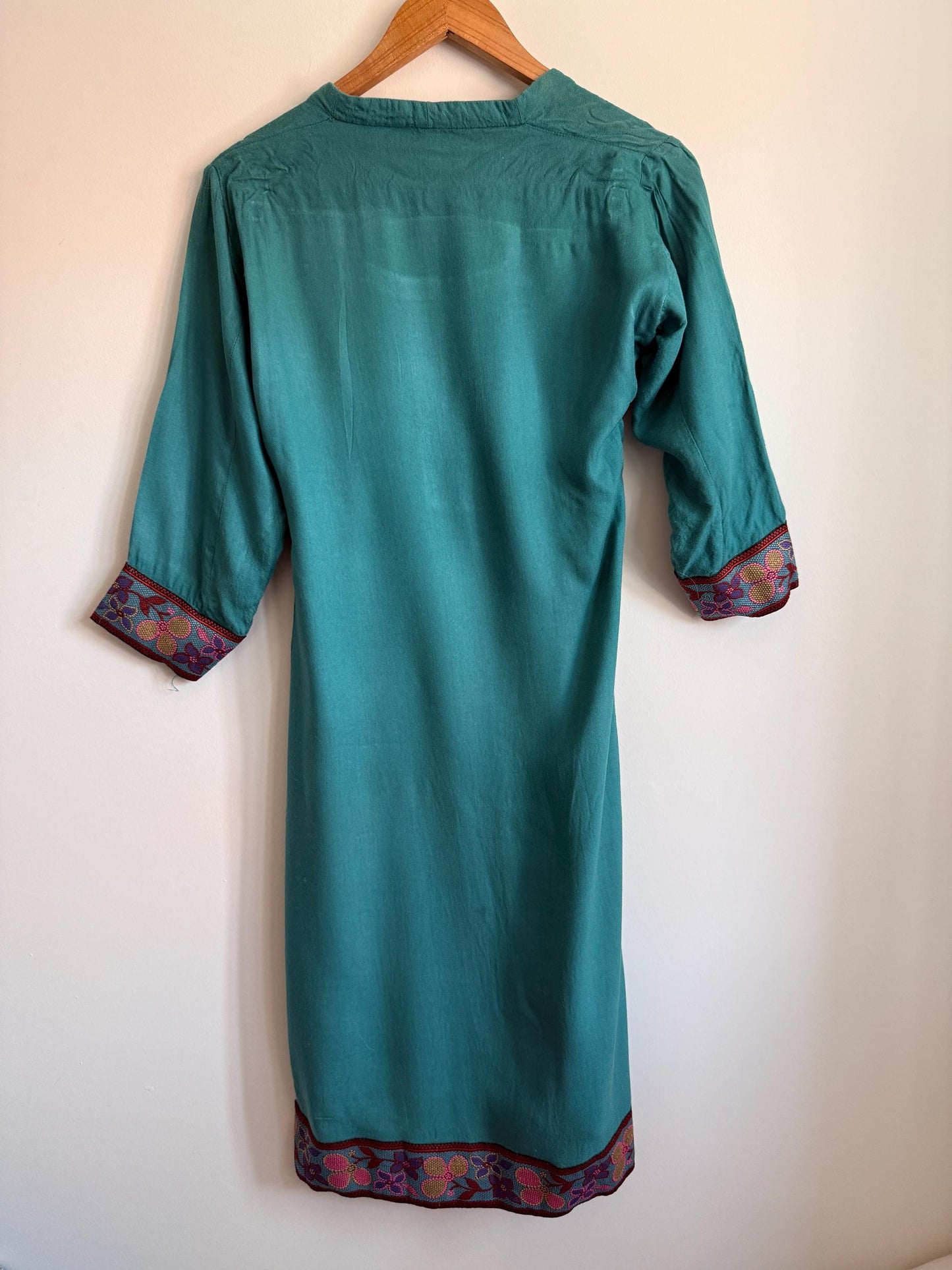 Vintage Embroidered Tunic Dress | Teal Cotton Dress | Boho Folk Dress | Embroidered Midi Dress | Festival Dress | UK 10 12