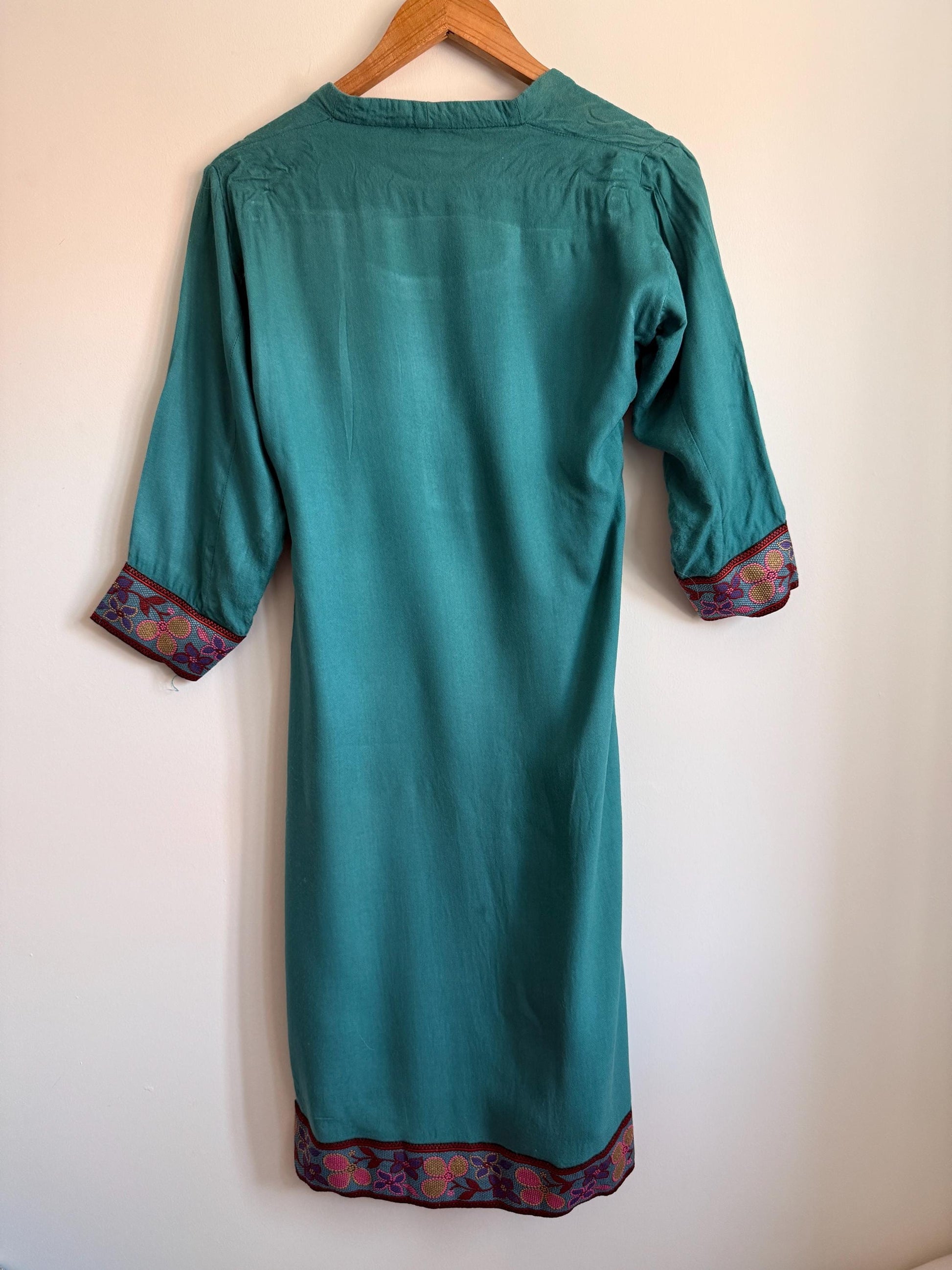 Vintage Embroidered Tunic Dress | Teal Cotton Dress | Boho Folk Dress | Embroidered Midi Dress | Festival Dress | UK 10 12