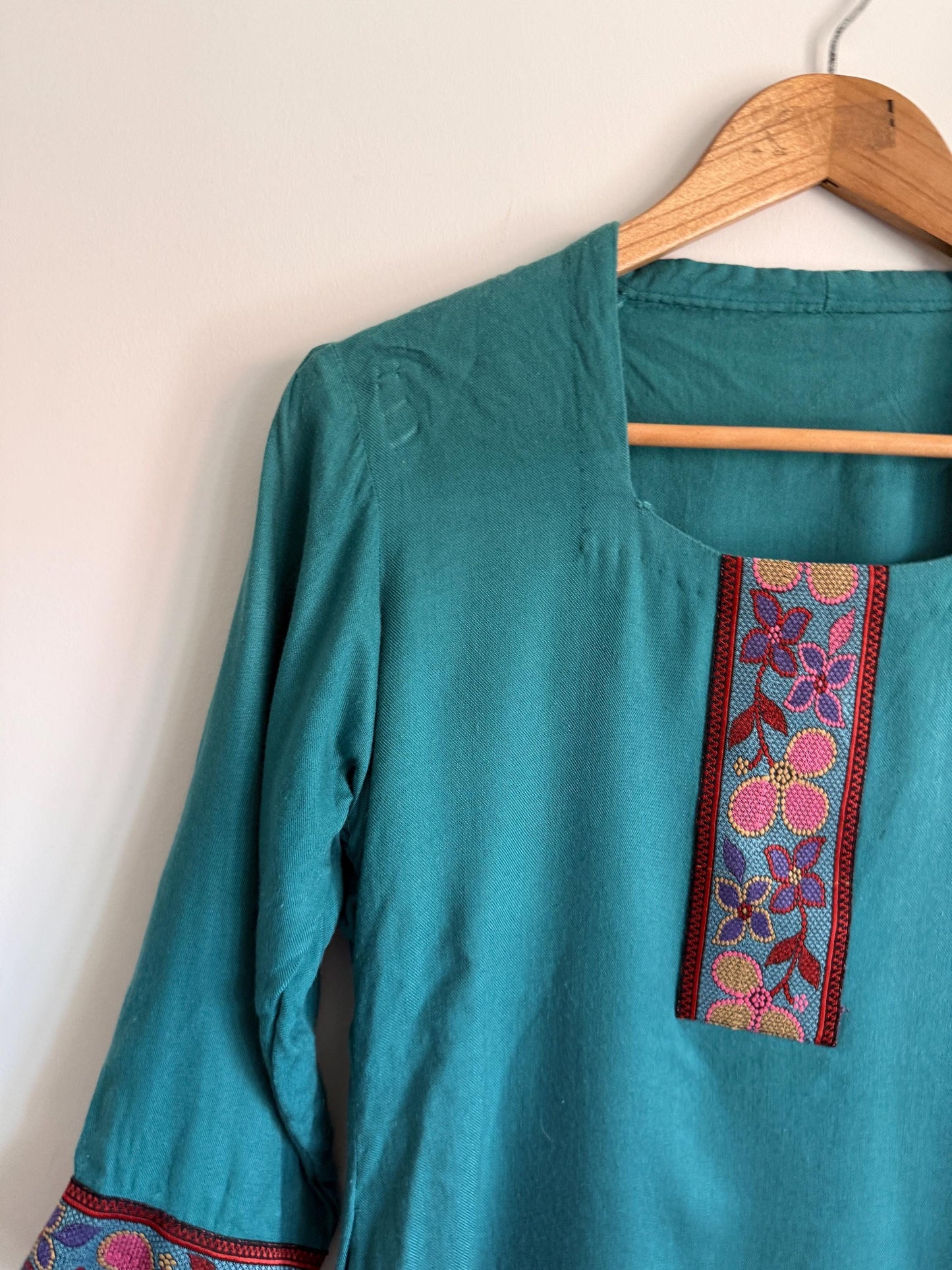 Vintage Embroidered Tunic Dress | Teal Cotton Dress | Boho Folk Dress | Embroidered Midi Dress | Festival Dress | UK 10 12