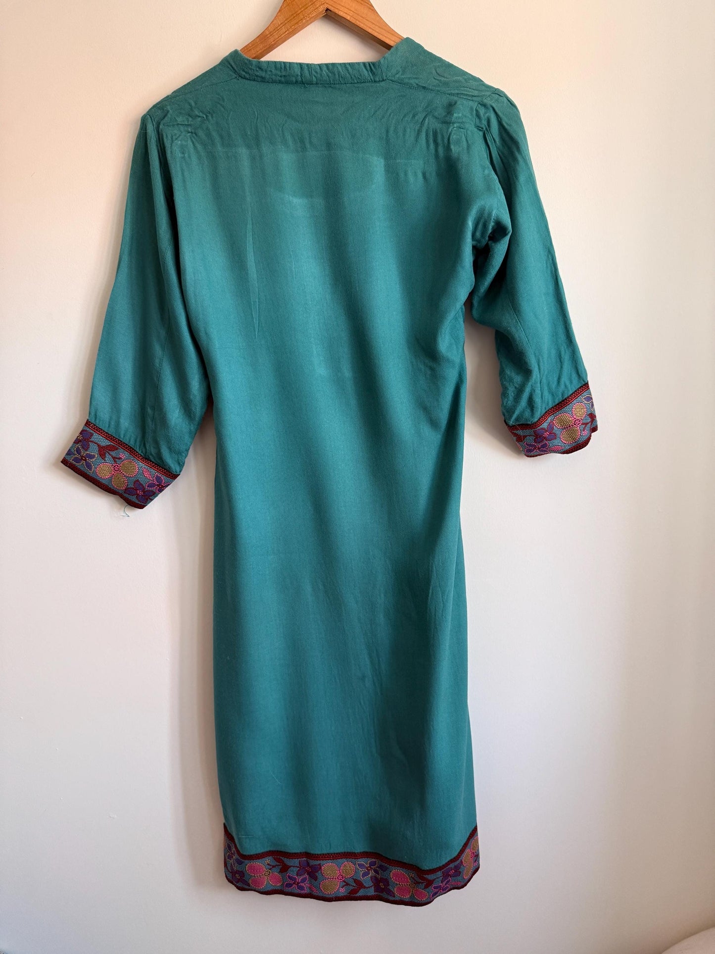 Vintage Embroidered Tunic Dress | Teal Cotton Dress | Boho Folk Dress | Embroidered Midi Dress | Festival Dress | UK 10 12