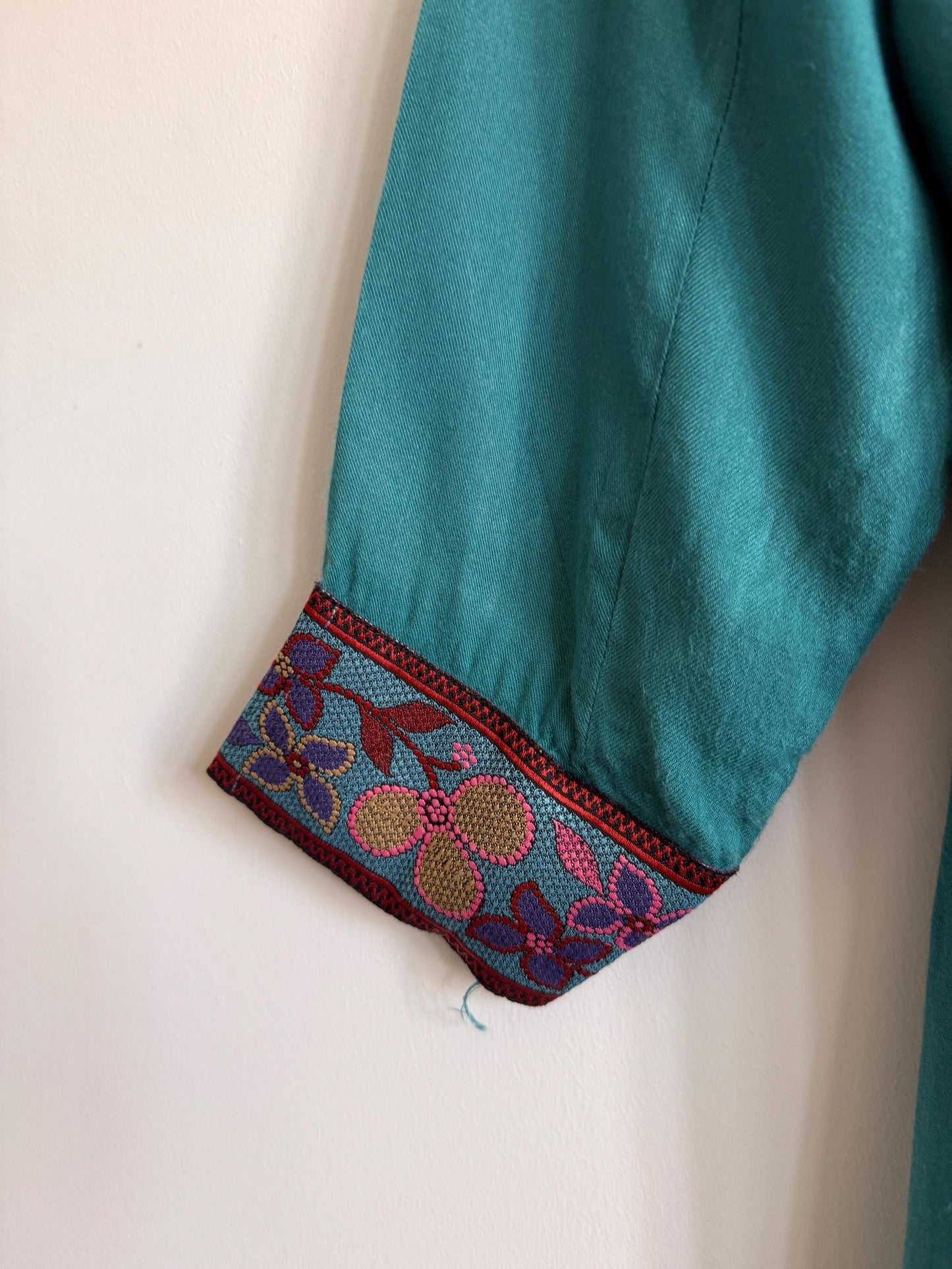 Vintage Embroidered Tunic Dress | Teal Cotton Dress | Boho Folk Dress | Embroidered Midi Dress | Festival Dress | UK 10 12