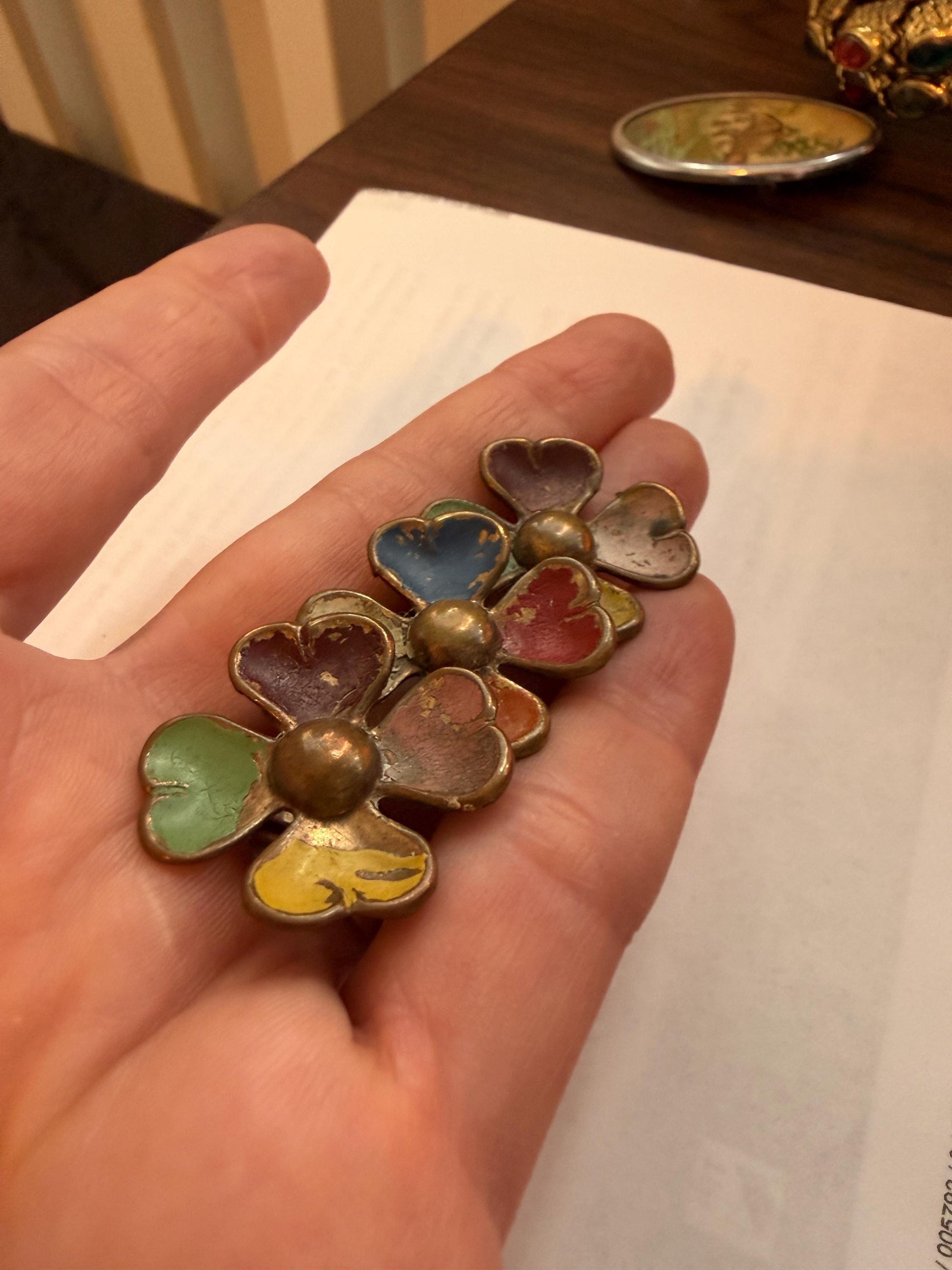 Vintage Enamel Triple Flower Brooch, Multicolour Heart Petal Floral Spray Pin, Distressed 1940s 1950s Jewellery