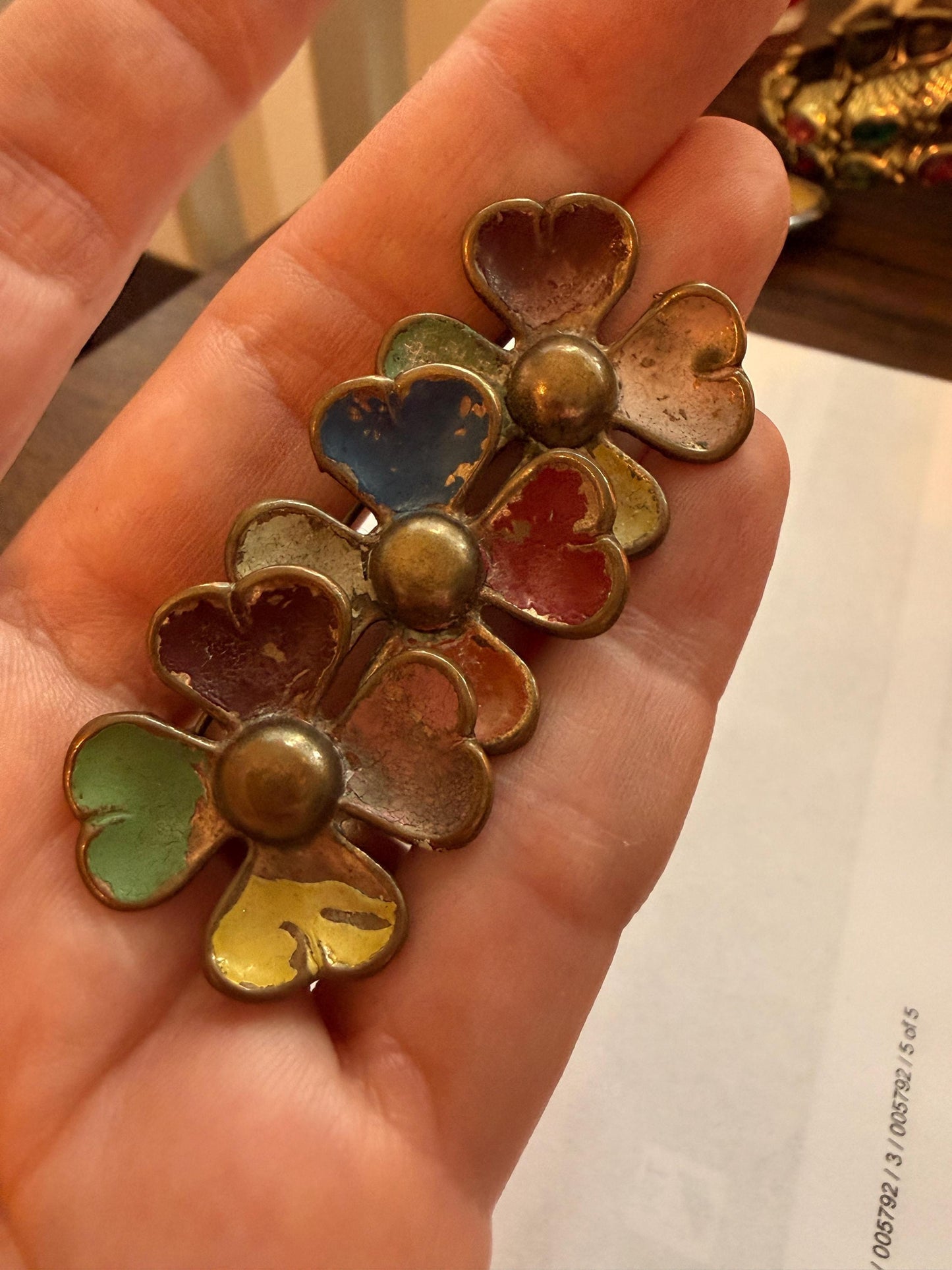Vintage Enamel Triple Flower Brooch, Multicolour Heart Petal Floral Spray Pin, Distressed 1940s 1950s Jewellery