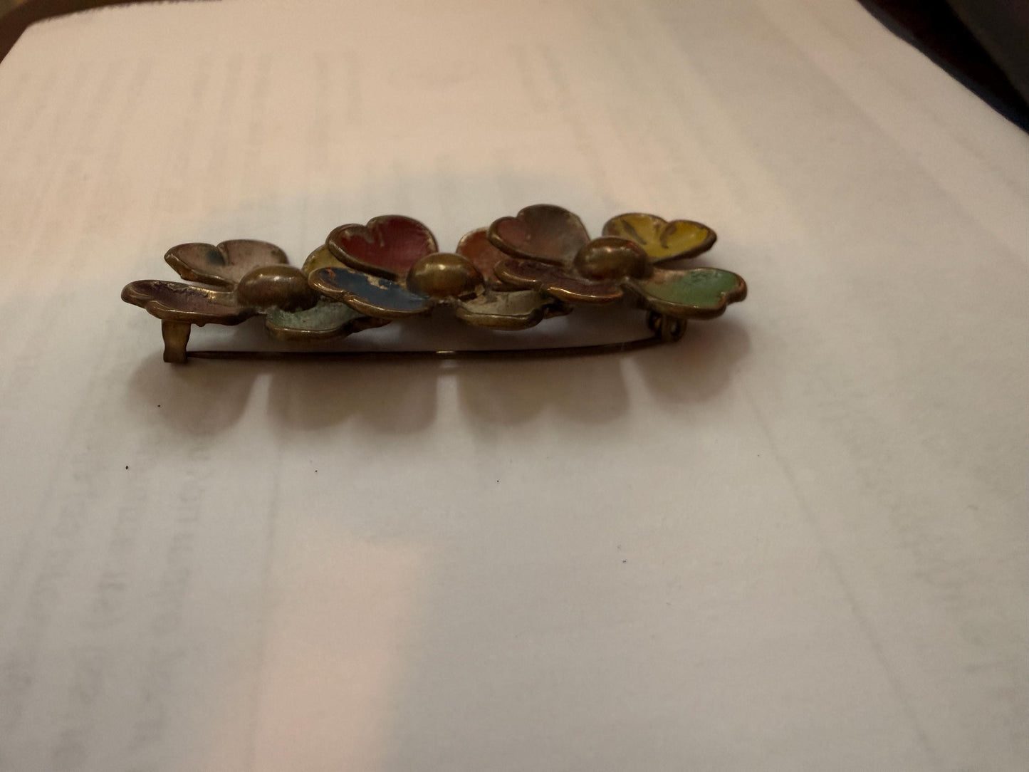 Vintage Enamel Triple Flower Brooch, Multicolour Heart Petal Floral Spray Pin, Distressed 1940s 1950s Jewellery