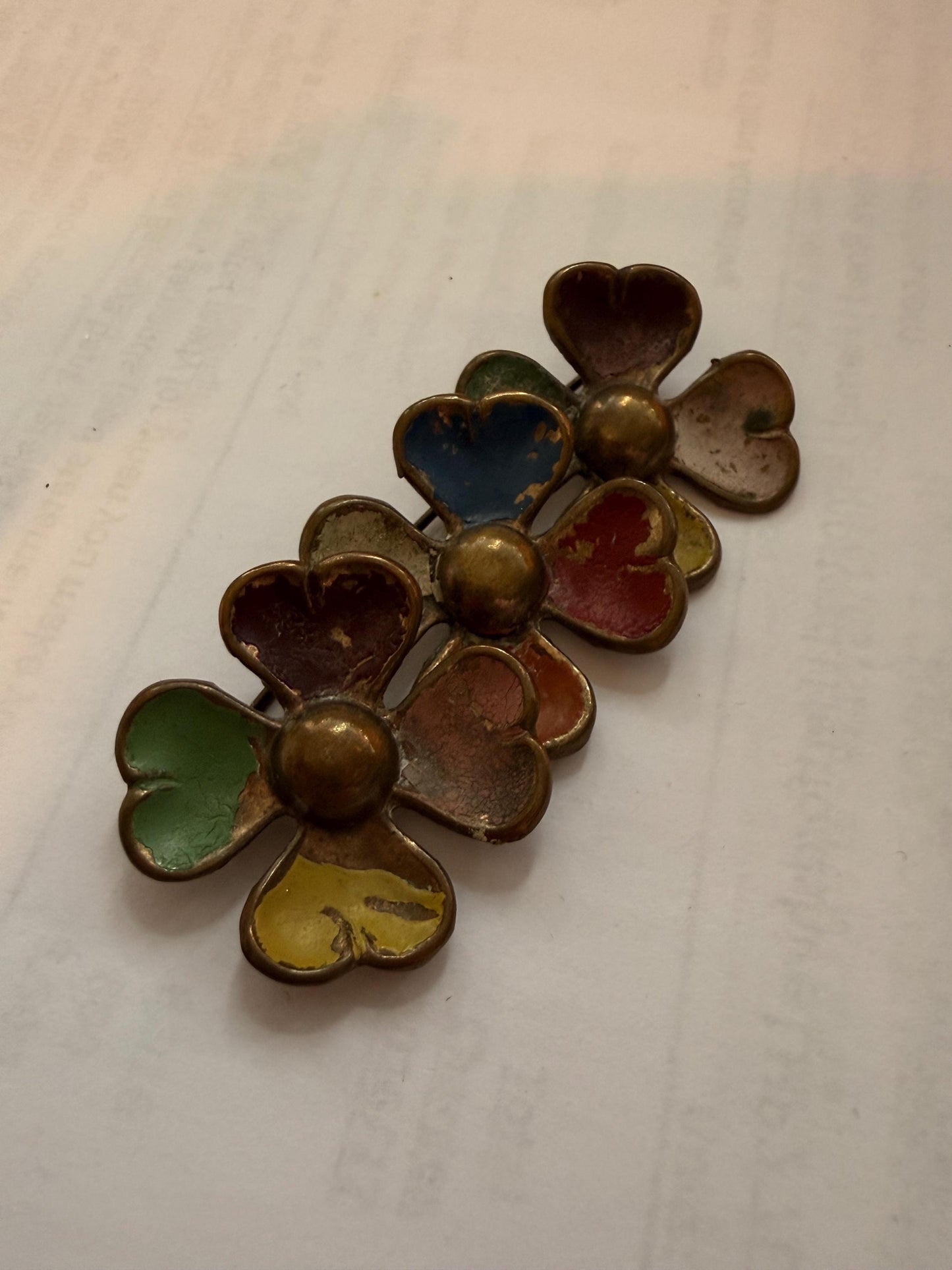 Vintage Enamel Triple Flower Brooch, Multicolour Heart Petal Floral Spray Pin, Distressed 1940s 1950s Jewellery