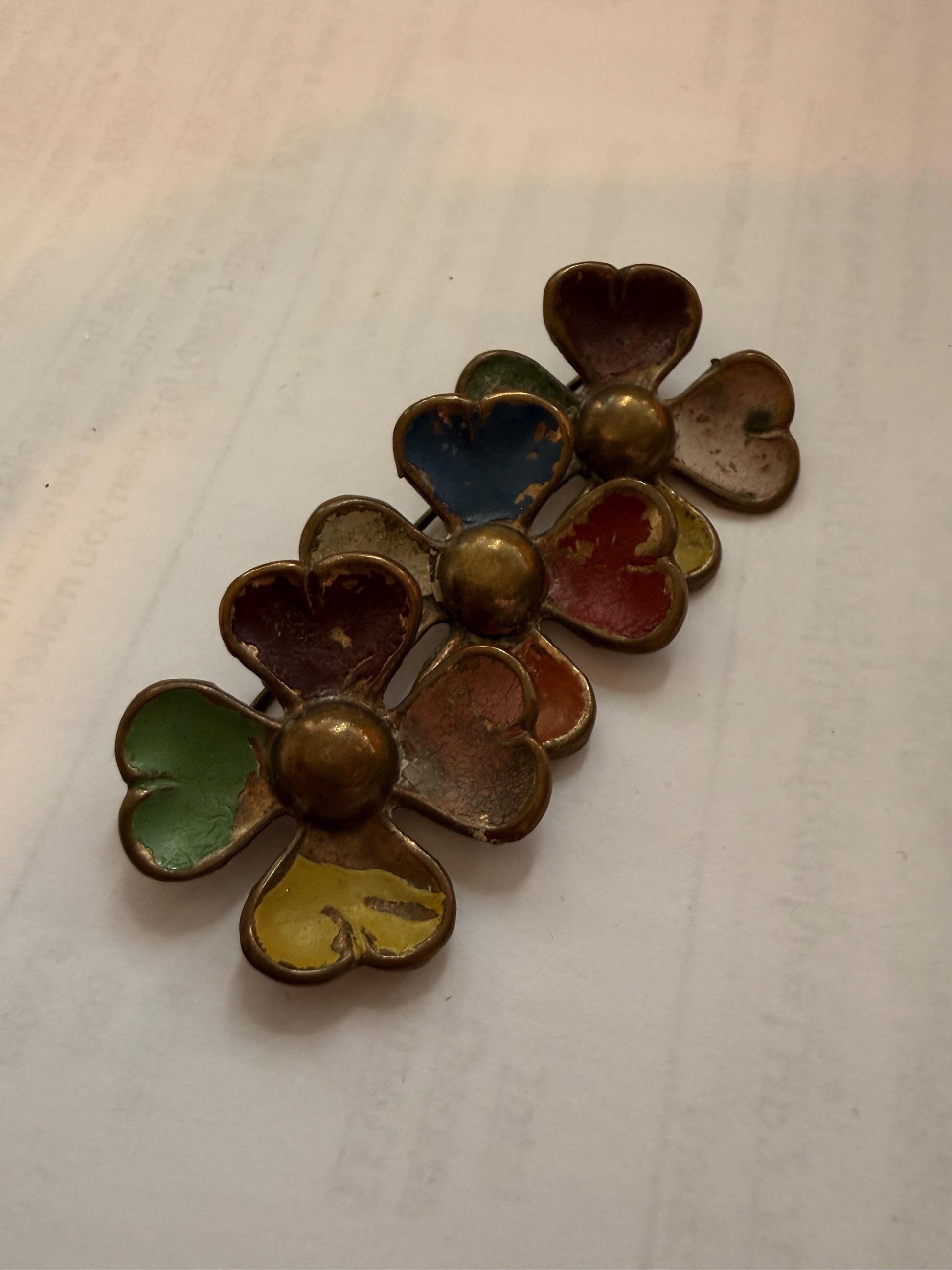 Vintage Enamel Triple Flower Brooch, Multicolour Heart Petal Floral Spray Pin, Distressed 1940s 1950s Jewellery