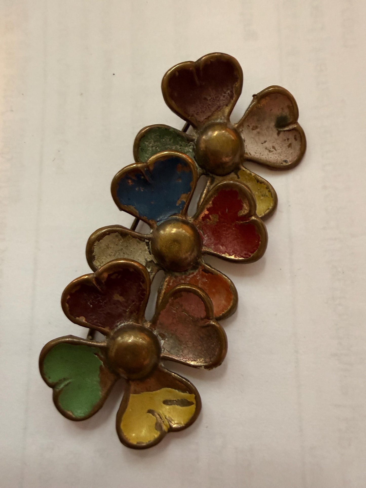 Vintage Enamel Triple Flower Brooch, Multicolour Heart Petal Floral Spray Pin, Distressed 1940s 1950s Jewellery