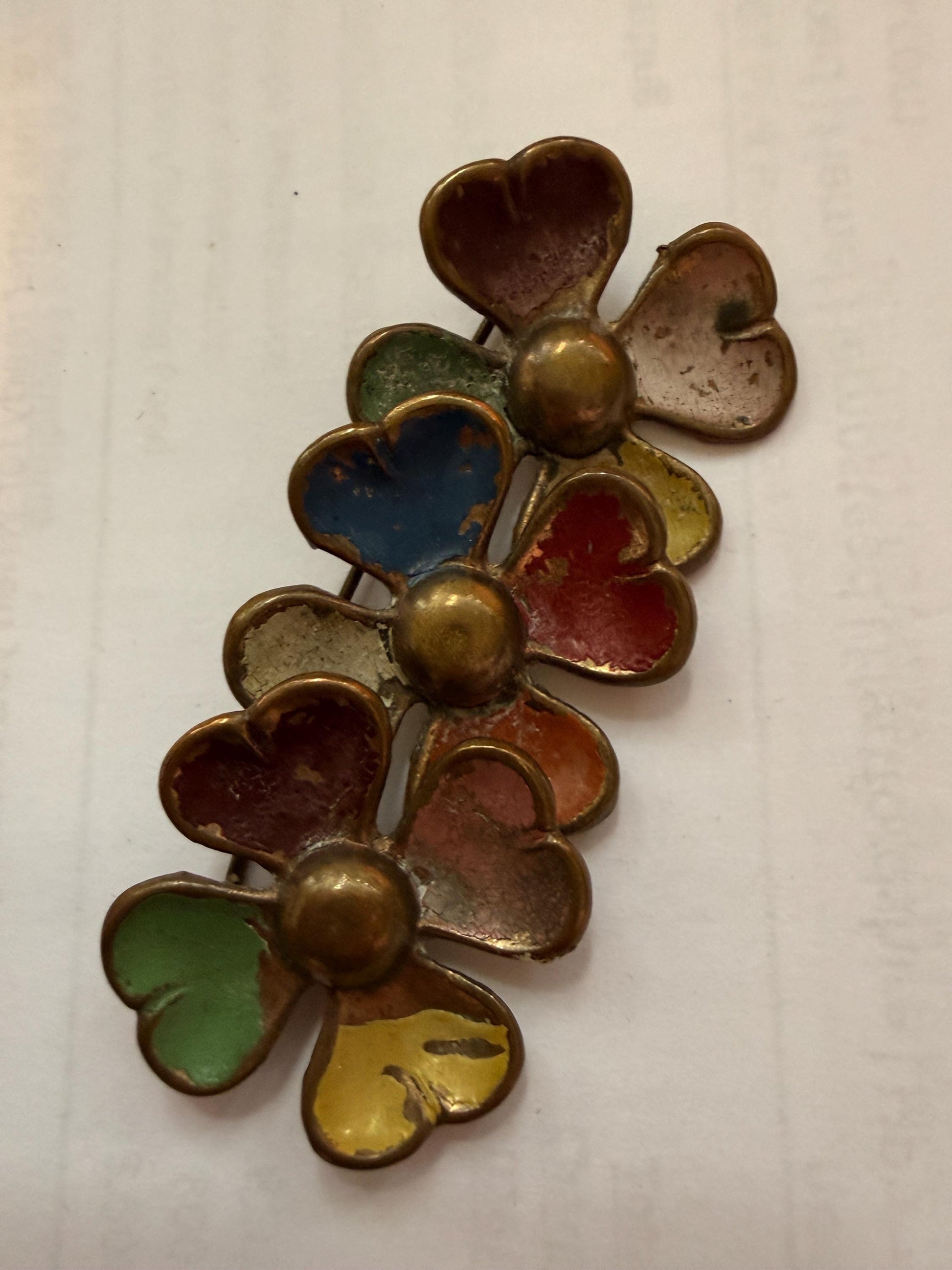 Vintage Enamel Triple Flower Brooch, Multicolour Heart Petal Floral Spray Pin, Distressed 1940s 1950s Jewellery