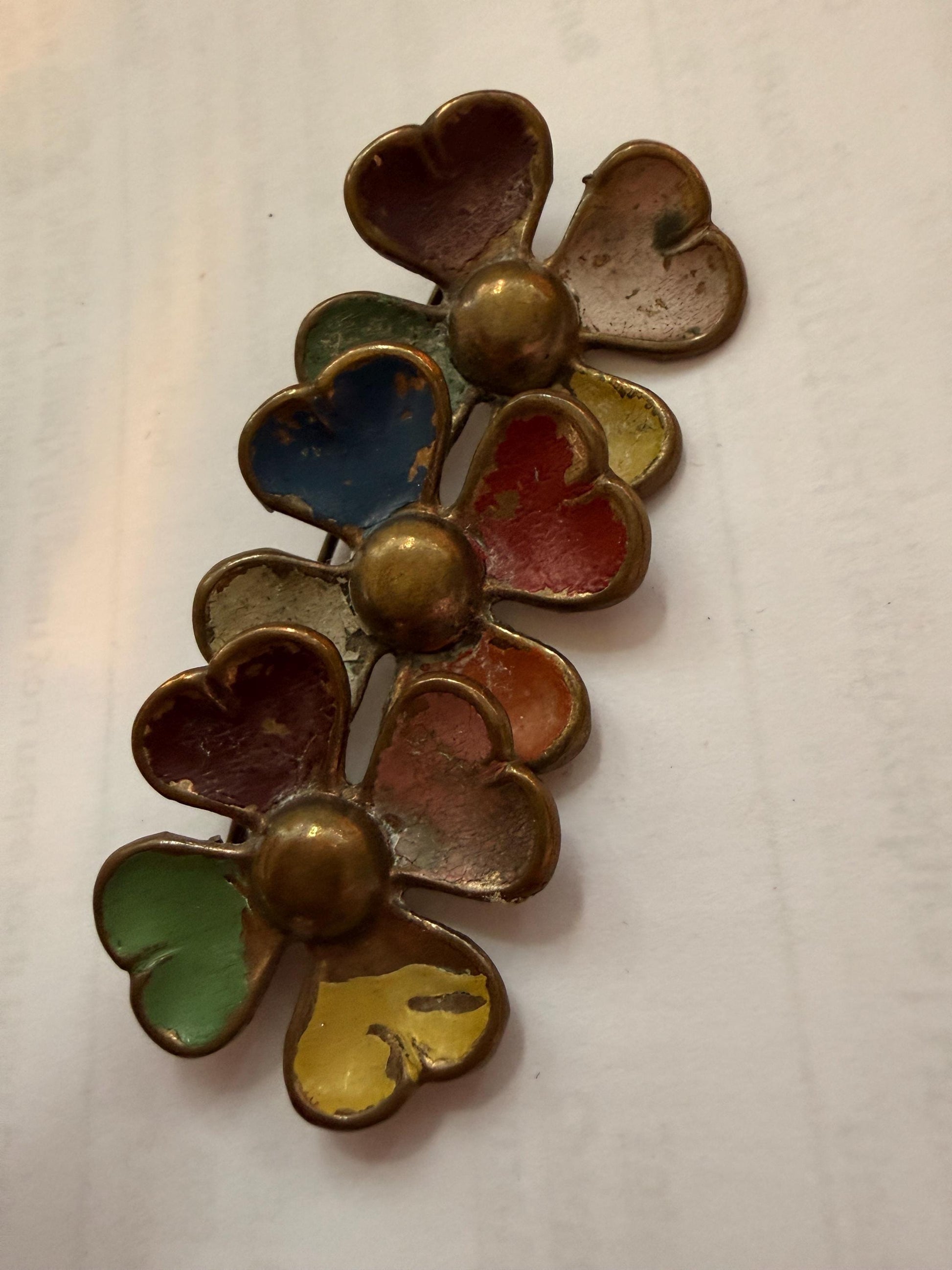 Vintage Enamel Triple Flower Brooch, Multicolour Heart Petal Floral Spray Pin, Distressed 1940s 1950s Jewellery