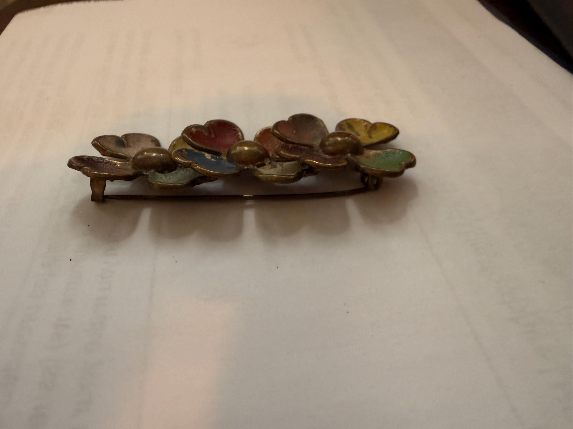 Vintage Enamel Triple Flower Brooch, Multicolour Heart Petal Floral Spray Pin, Distressed 1940s 1950s Jewellery