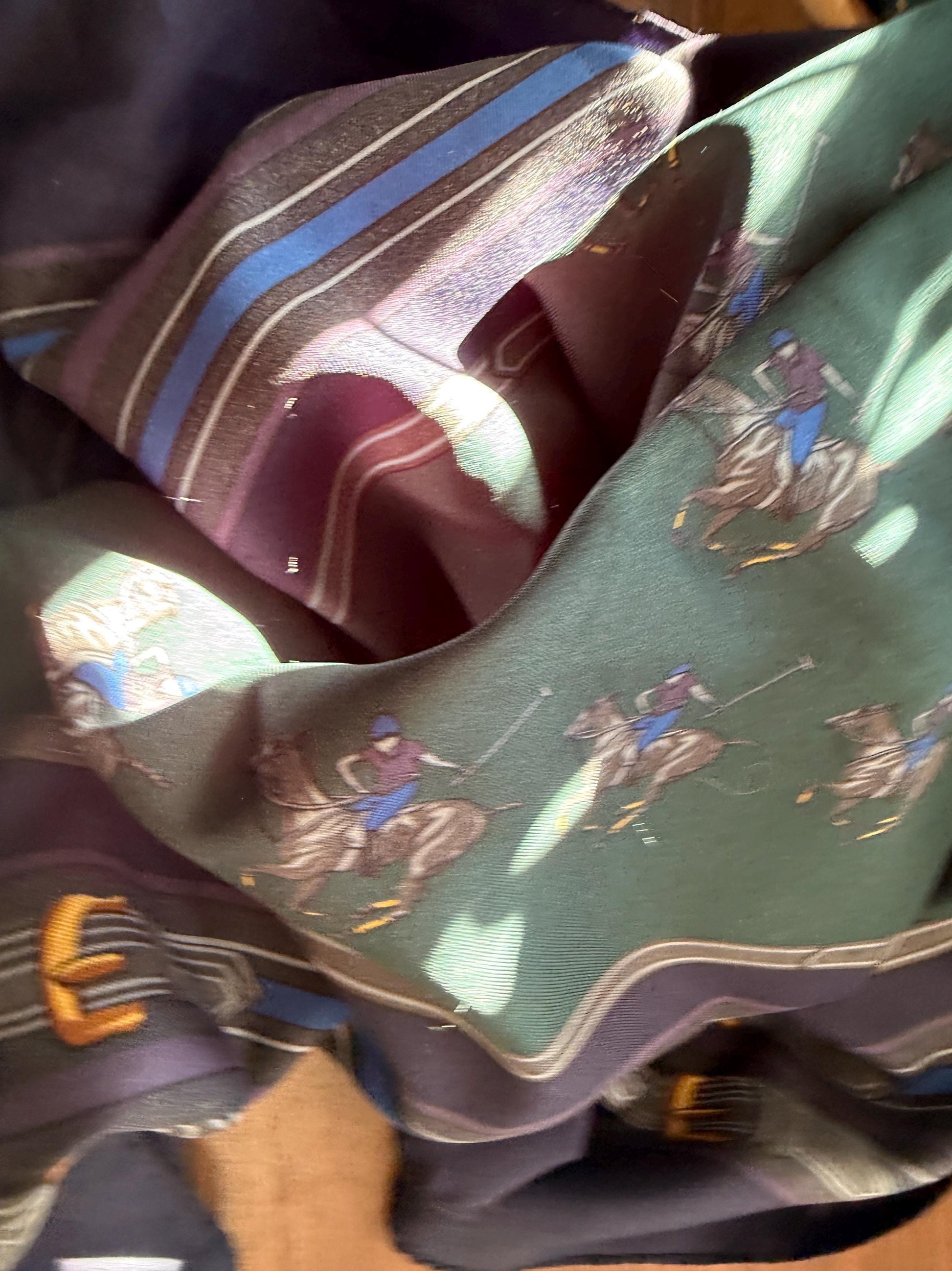 Vintage Equestrian Silk Scarf Large Polo Pony Print Square Scarf Horse Racing & Tack Motif Green Navy