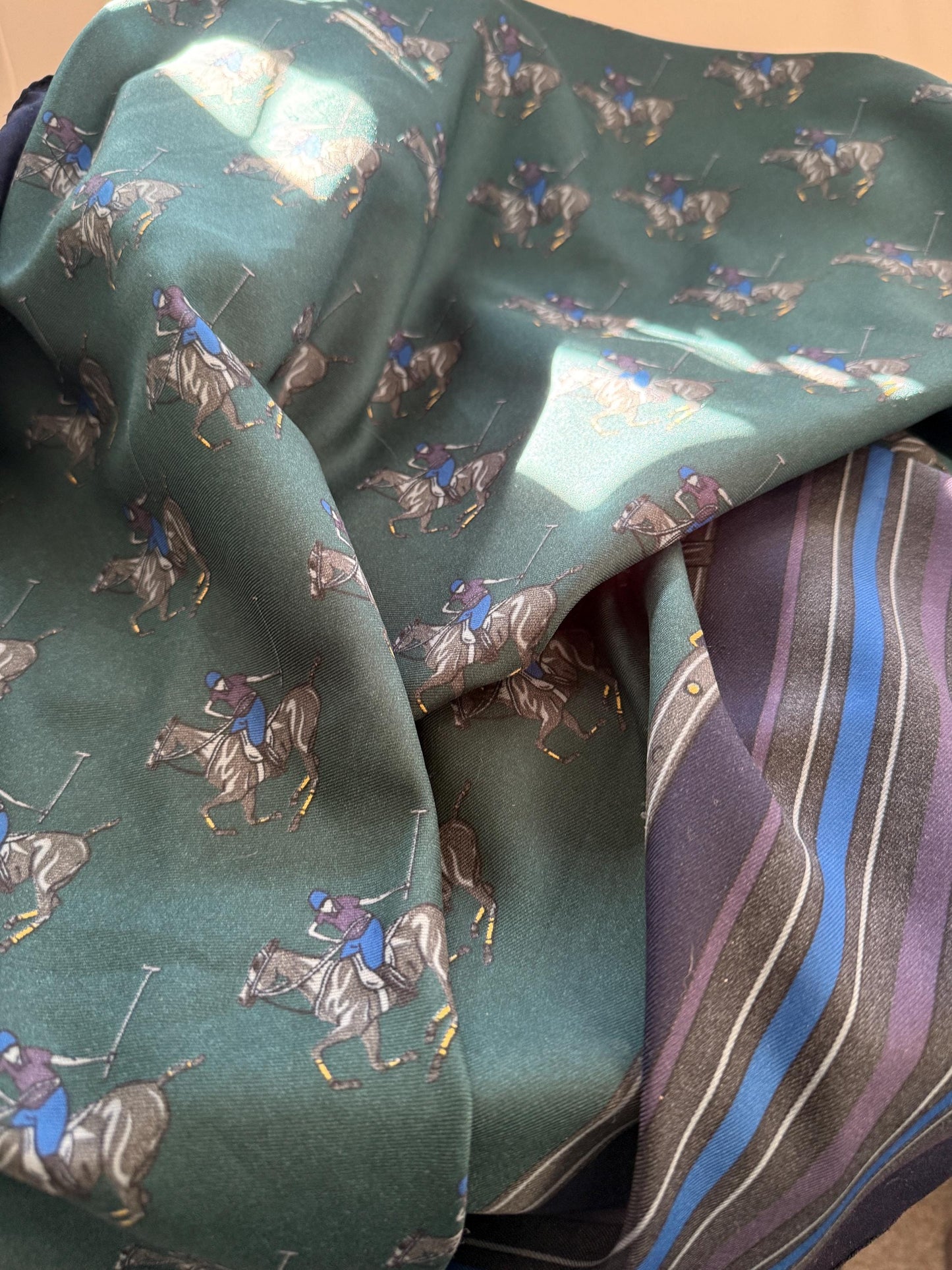 Vintage Equestrian Silk Scarf Large Polo Pony Print Square Scarf Horse Racing & Tack Motif Green Navy