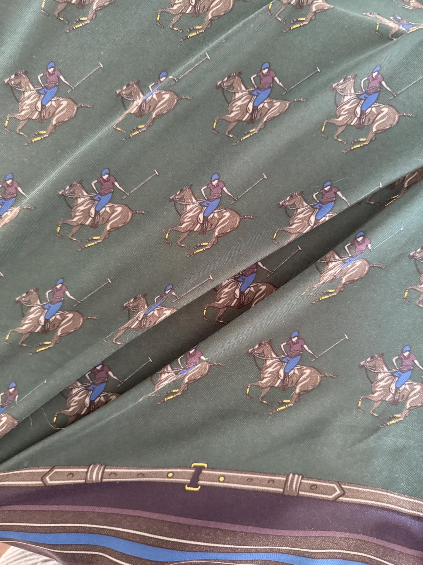 Vintage Equestrian Silk Scarf Large Polo Pony Print Square Scarf Horse Racing & Tack Motif Green Navy