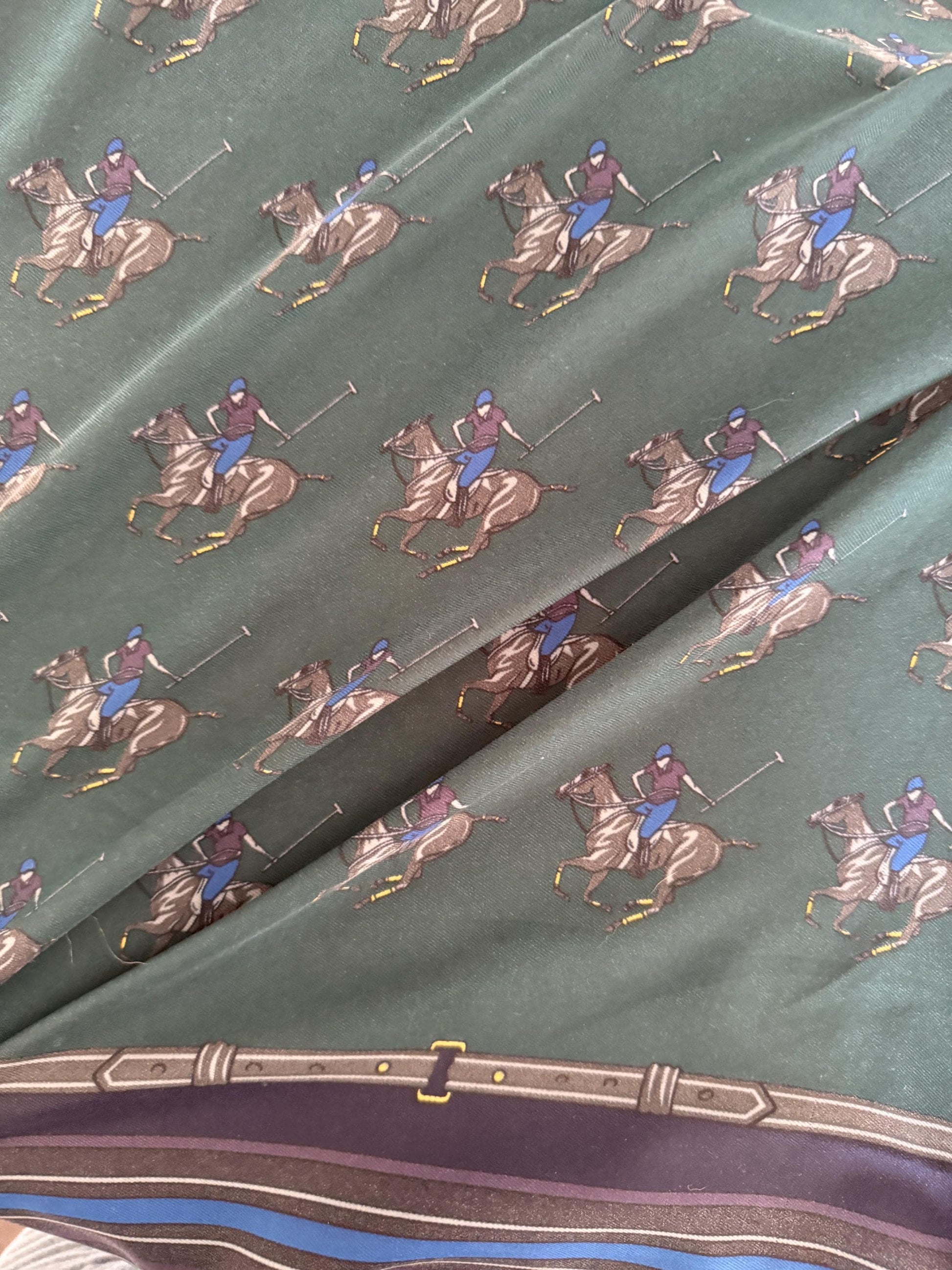 Vintage Equestrian Silk Scarf Large Polo Pony Print Square Scarf Horse Racing & Tack Motif Green Navy