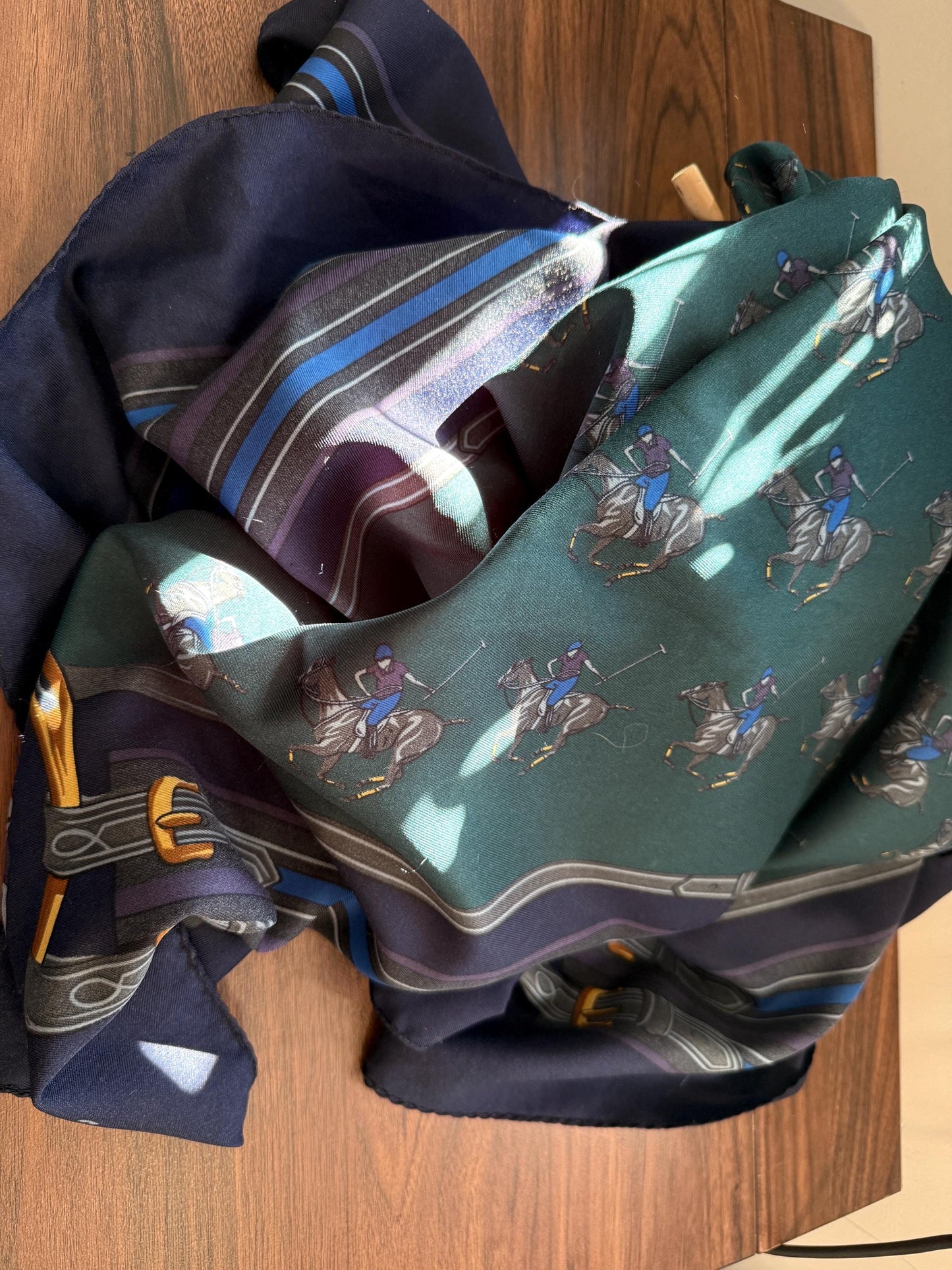Vintage Equestrian Silk Scarf Large Polo Pony Print Square Scarf Horse Racing & Tack Motif Green Navy