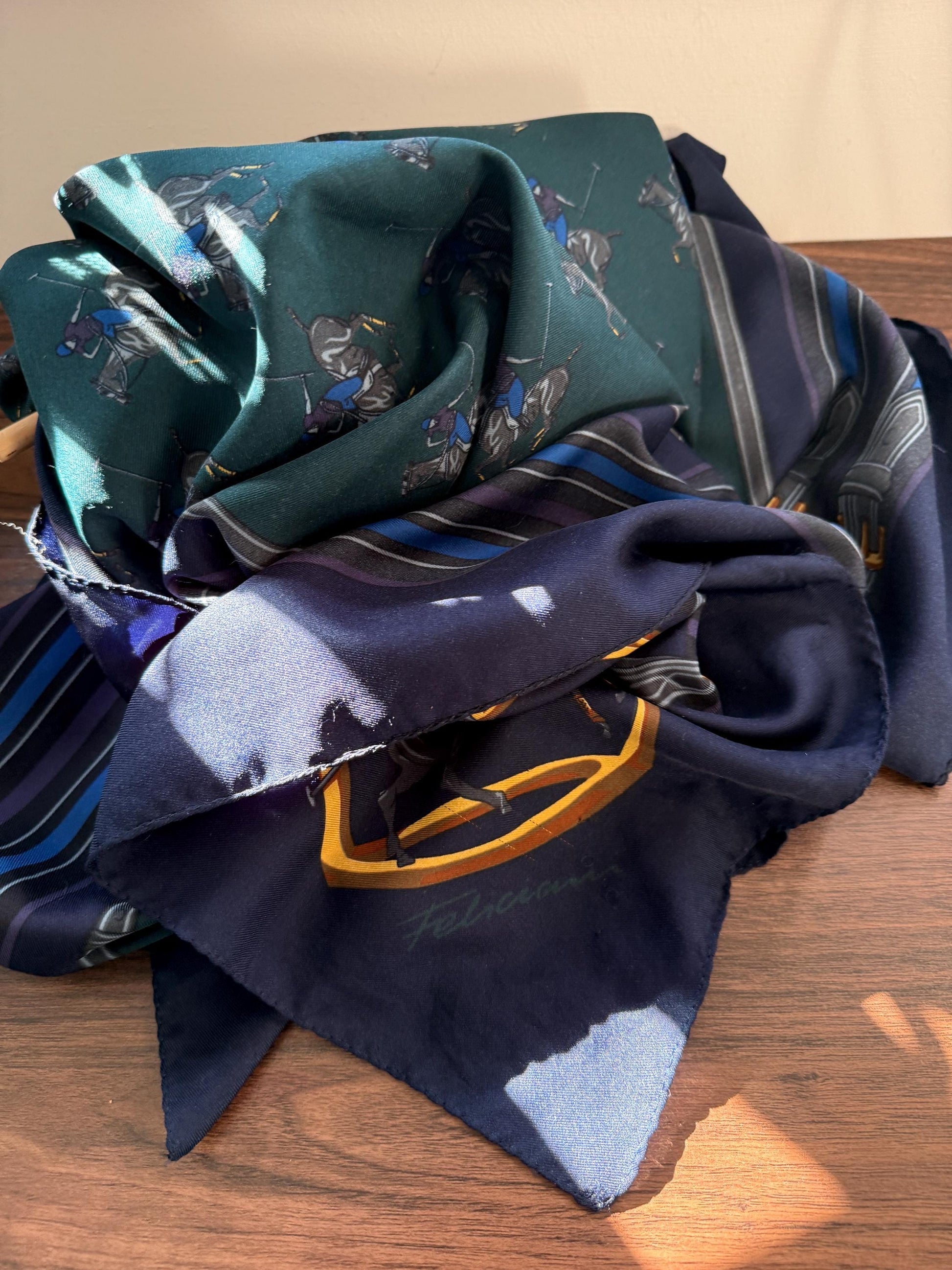 Vintage Equestrian Silk Scarf Large Polo Pony Print Square Scarf Horse Racing & Tack Motif Green Navy