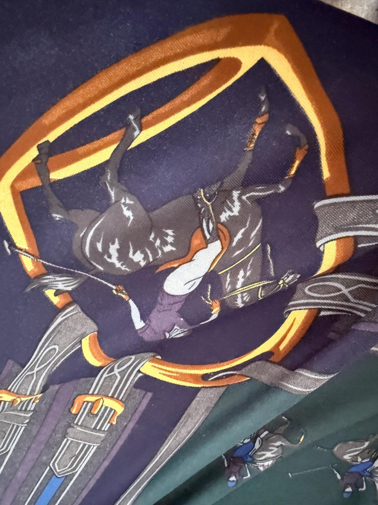 Vintage Equestrian Silk Scarf Large Polo Pony Print Square Scarf Horse Racing & Tack Motif Green Navy