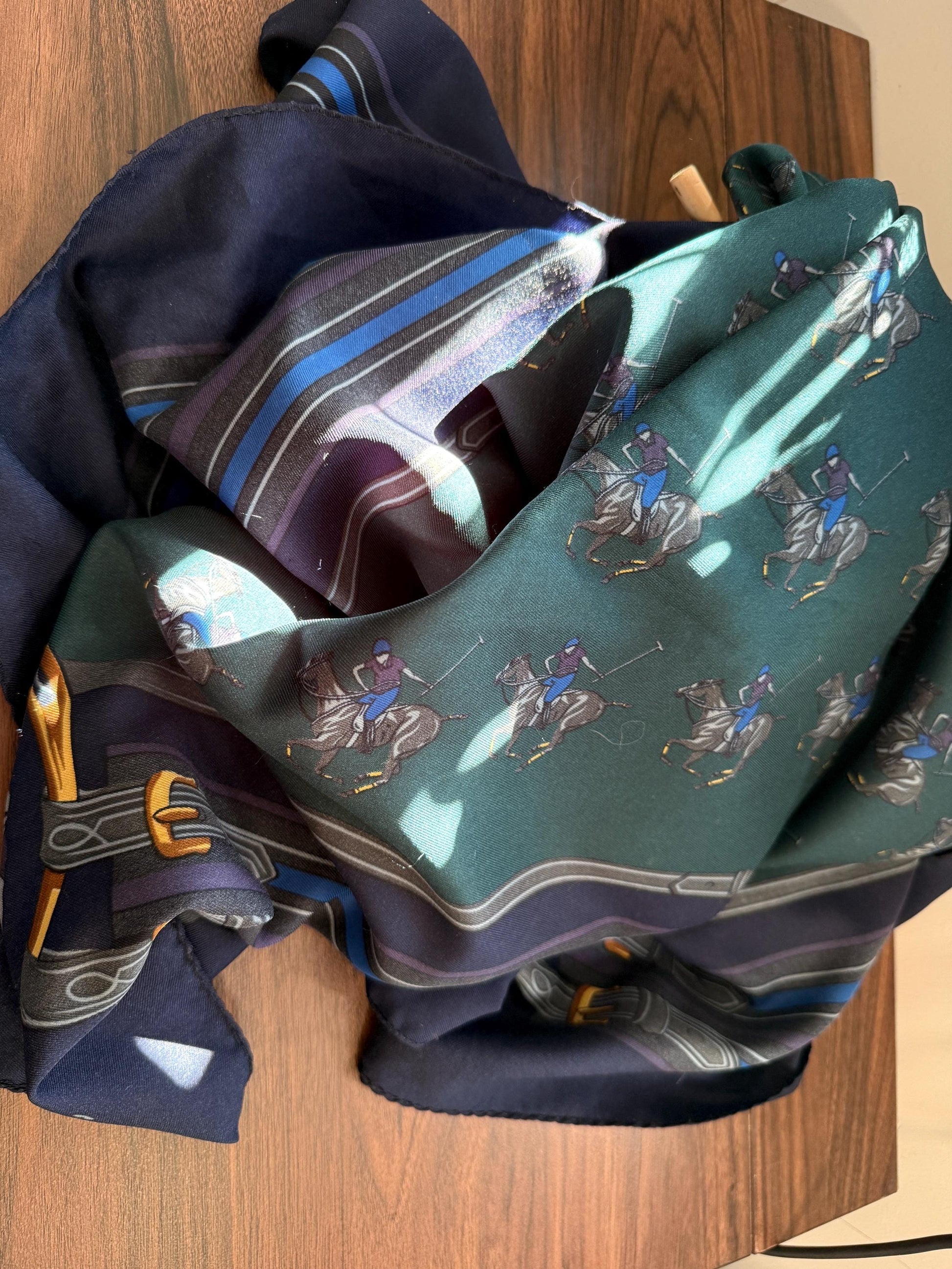 Vintage Equestrian Silk Scarf Large Polo Pony Print Square Scarf Horse Racing & Tack Motif Green Navy