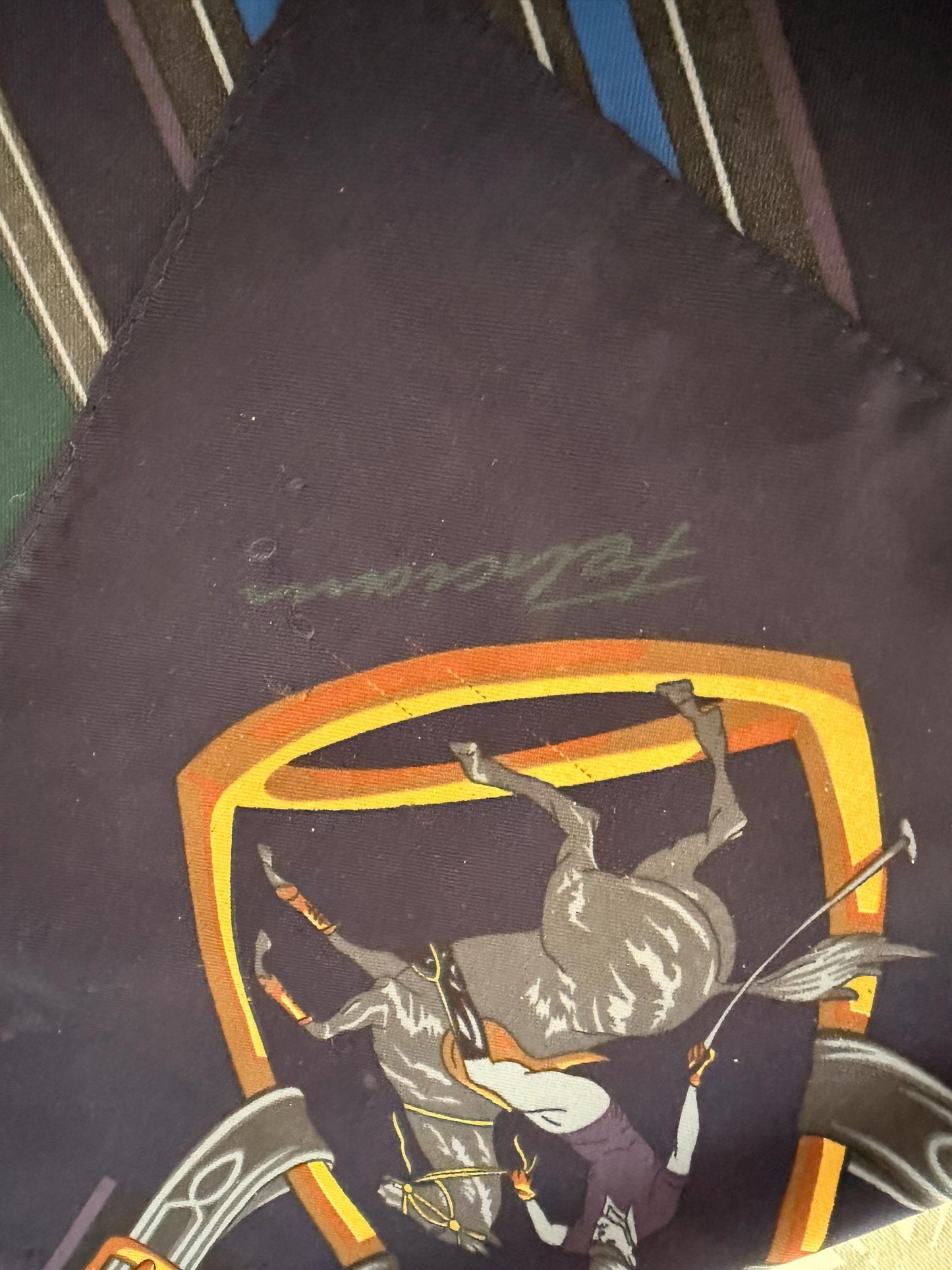 Vintage Equestrian Silk Scarf Large Polo Pony Print Square Scarf Horse Racing & Tack Motif Green Navy