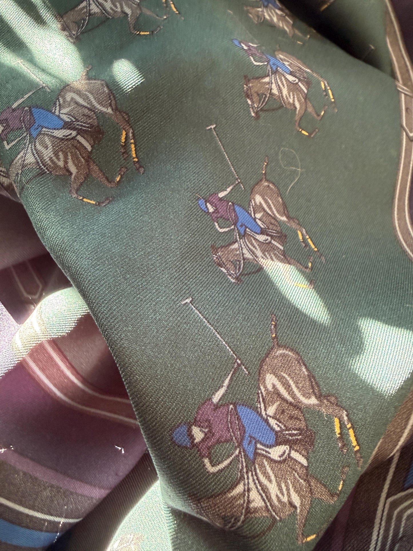 Vintage Equestrian Silk Scarf Large Polo Pony Print Square Scarf Horse Racing & Tack Motif Green Navy