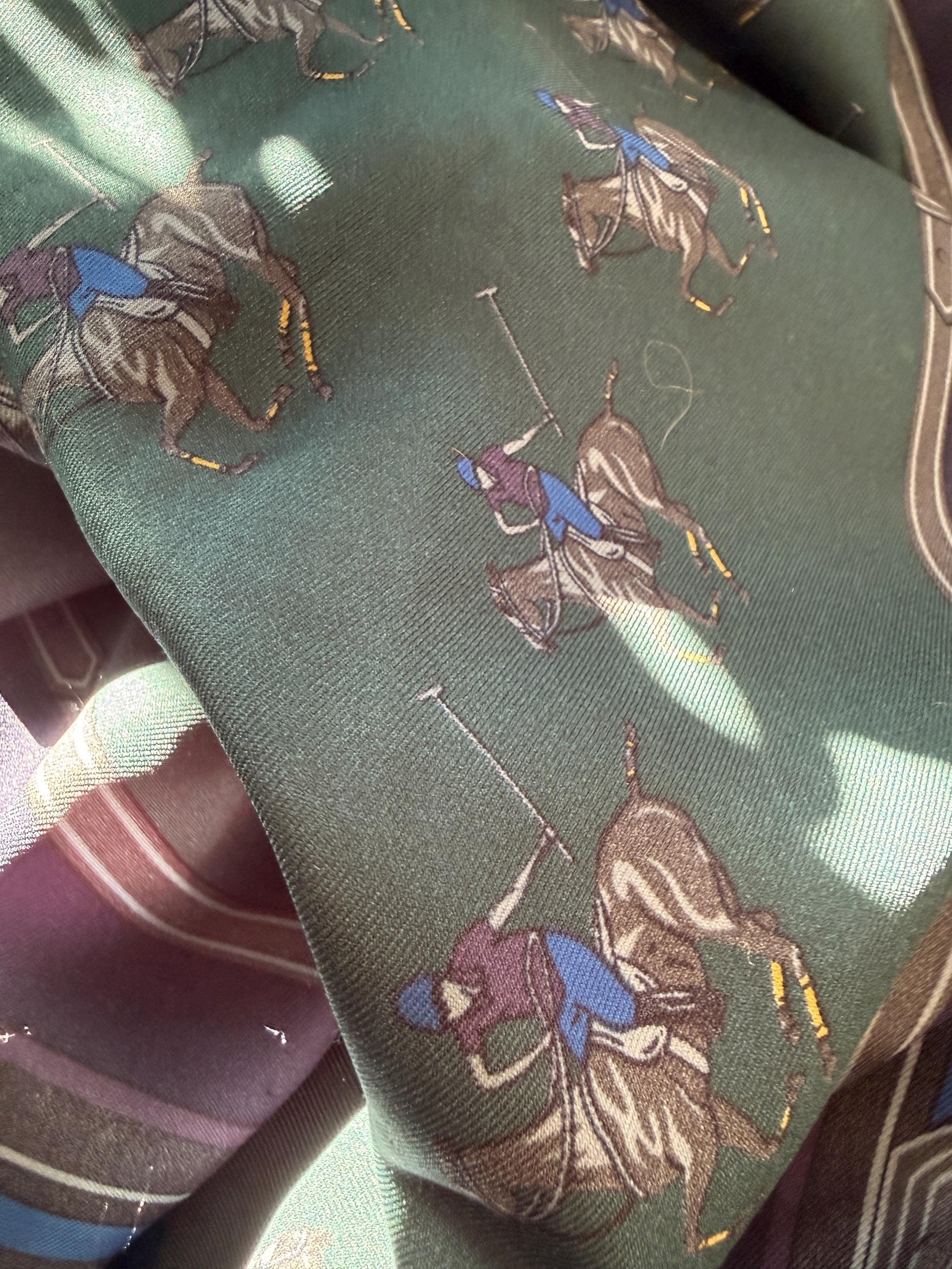 Vintage Equestrian Silk Scarf Large Polo Pony Print Square Scarf Horse Racing & Tack Motif Green Navy