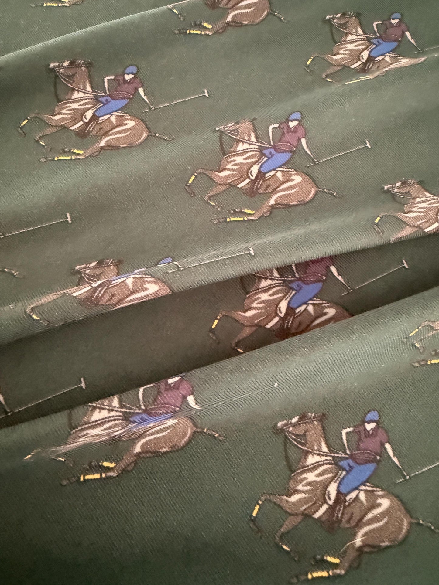 Vintage Equestrian Silk Scarf Large Polo Pony Print Square Scarf Horse Racing & Tack Motif Green Navy