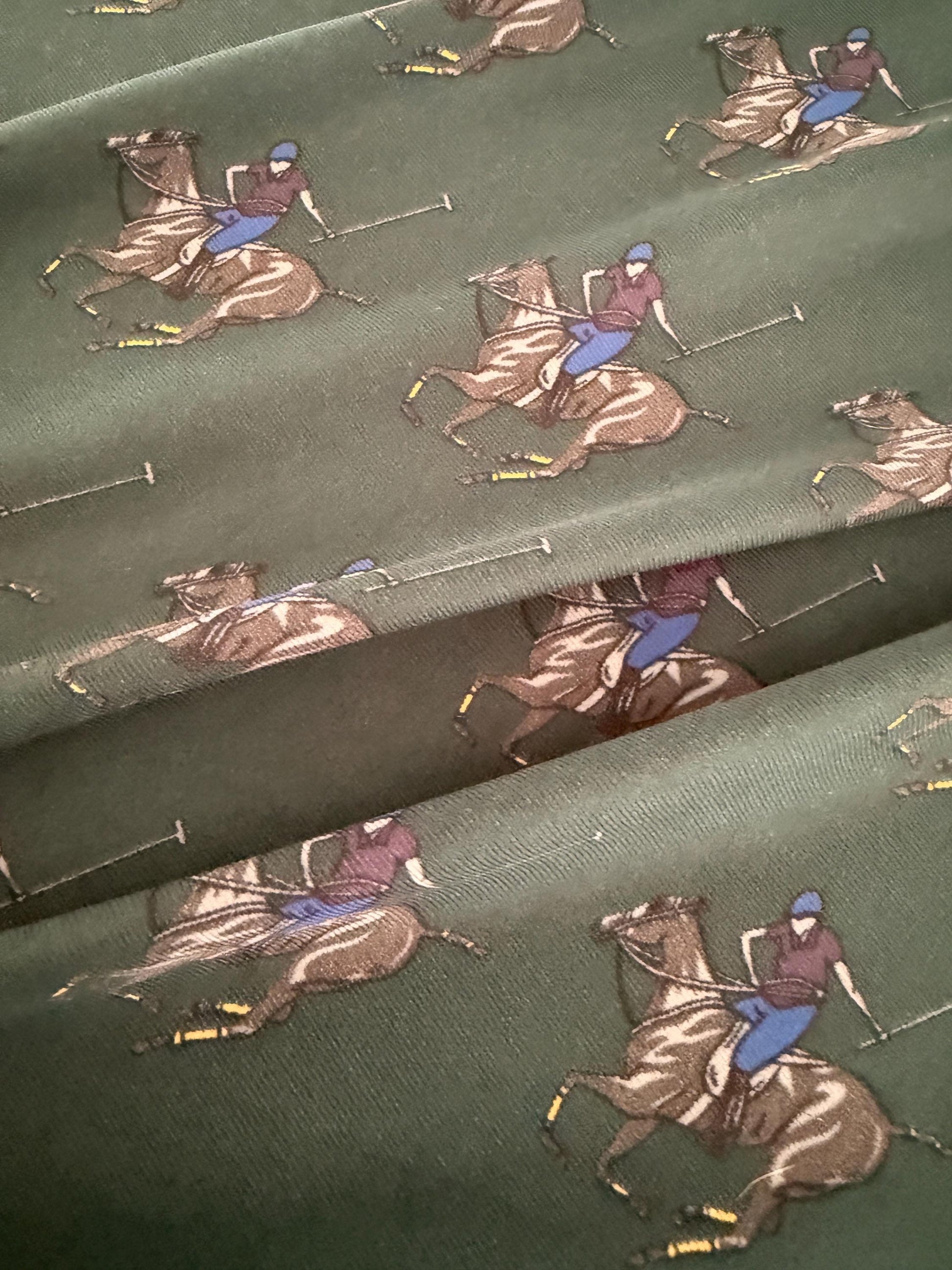 Vintage Equestrian Silk Scarf Large Polo Pony Print Square Scarf Horse Racing & Tack Motif Green Navy