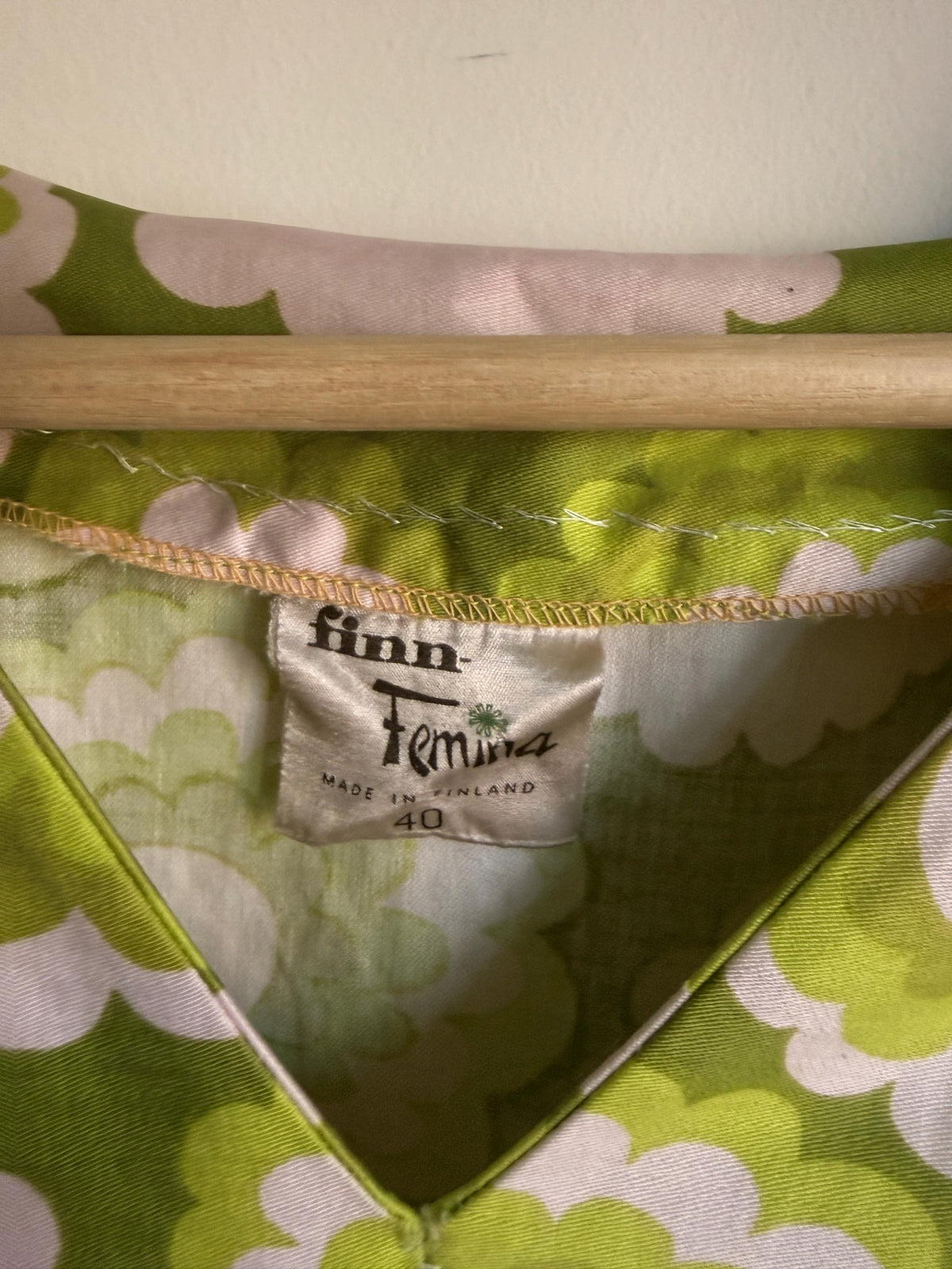 Vintage Finn Femina Green Floral Dress, Sleeveless V-Neck, Made in Finland (Size 40)