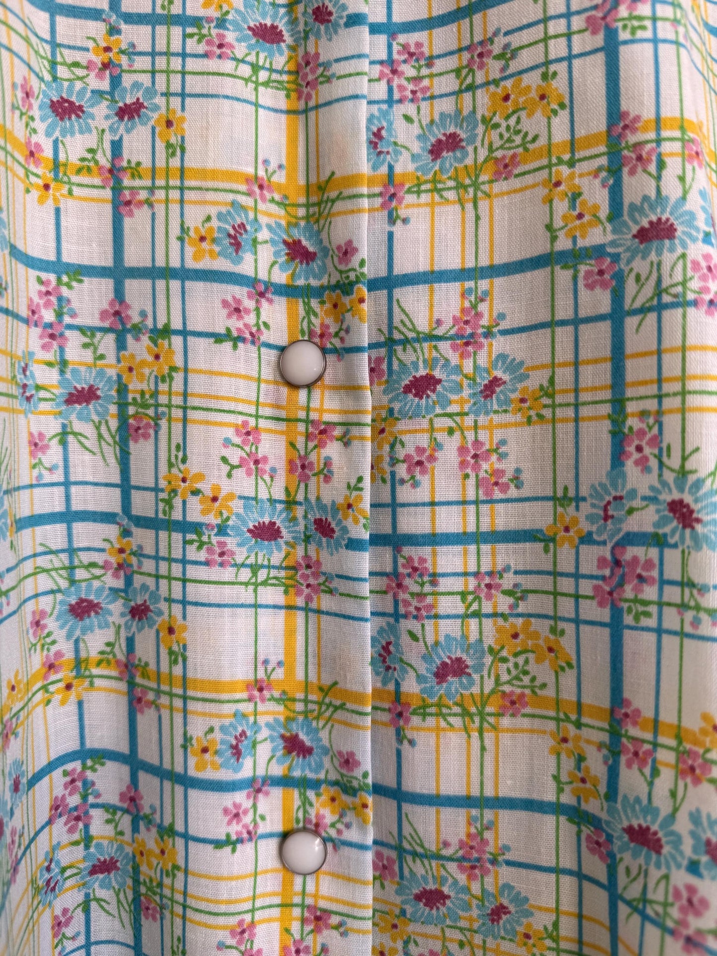 Vintage Floral Check Sleeveless Blouse Yellow Floral Cotton Top Retro Summer Shirt Cottagecore 1970s Style Button Front UK16