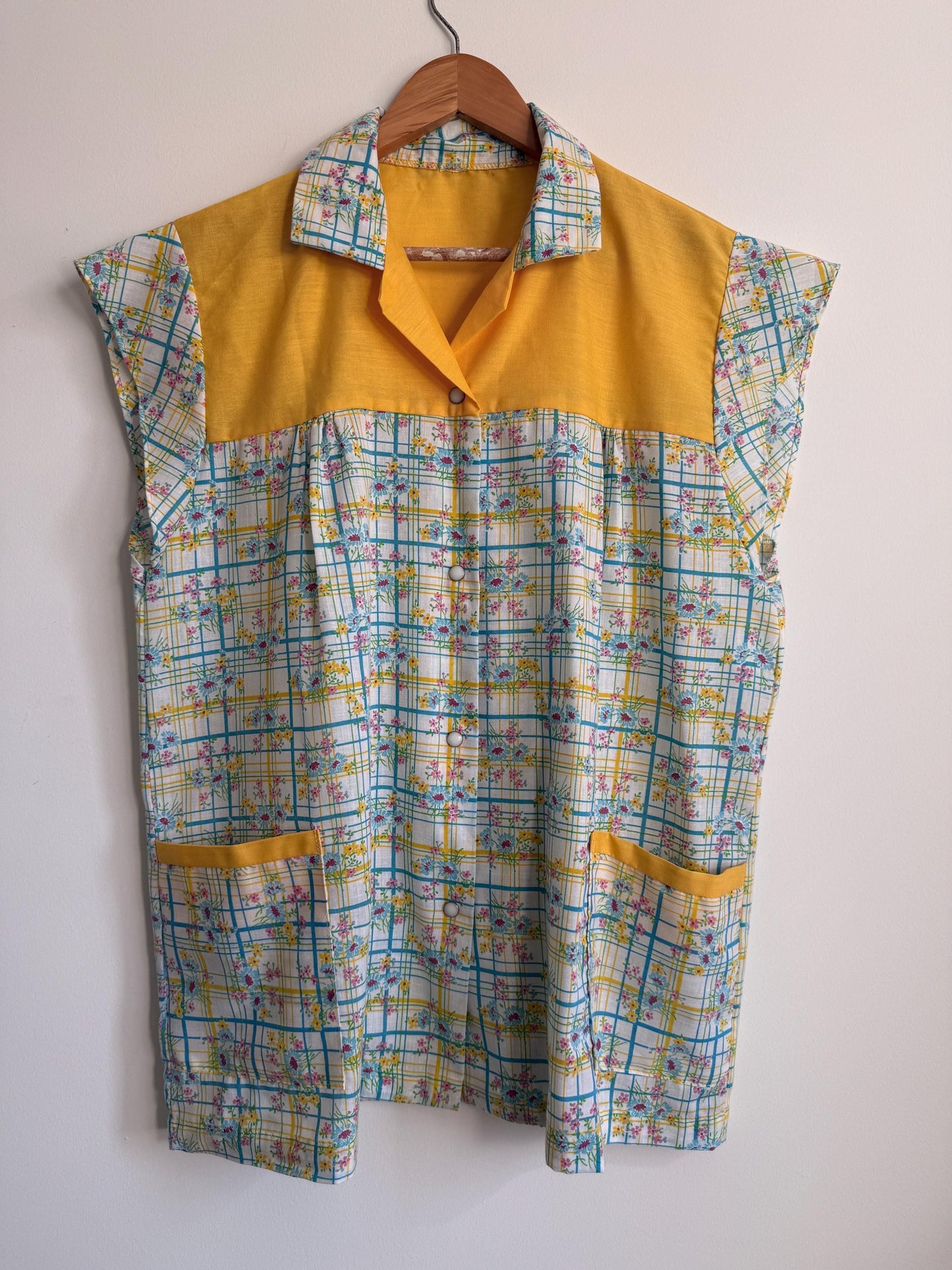 Vintage Floral Check Sleeveless Blouse Yellow Floral Cotton Top Retro Summer Shirt Cottagecore 1970s Style Button Front UK16