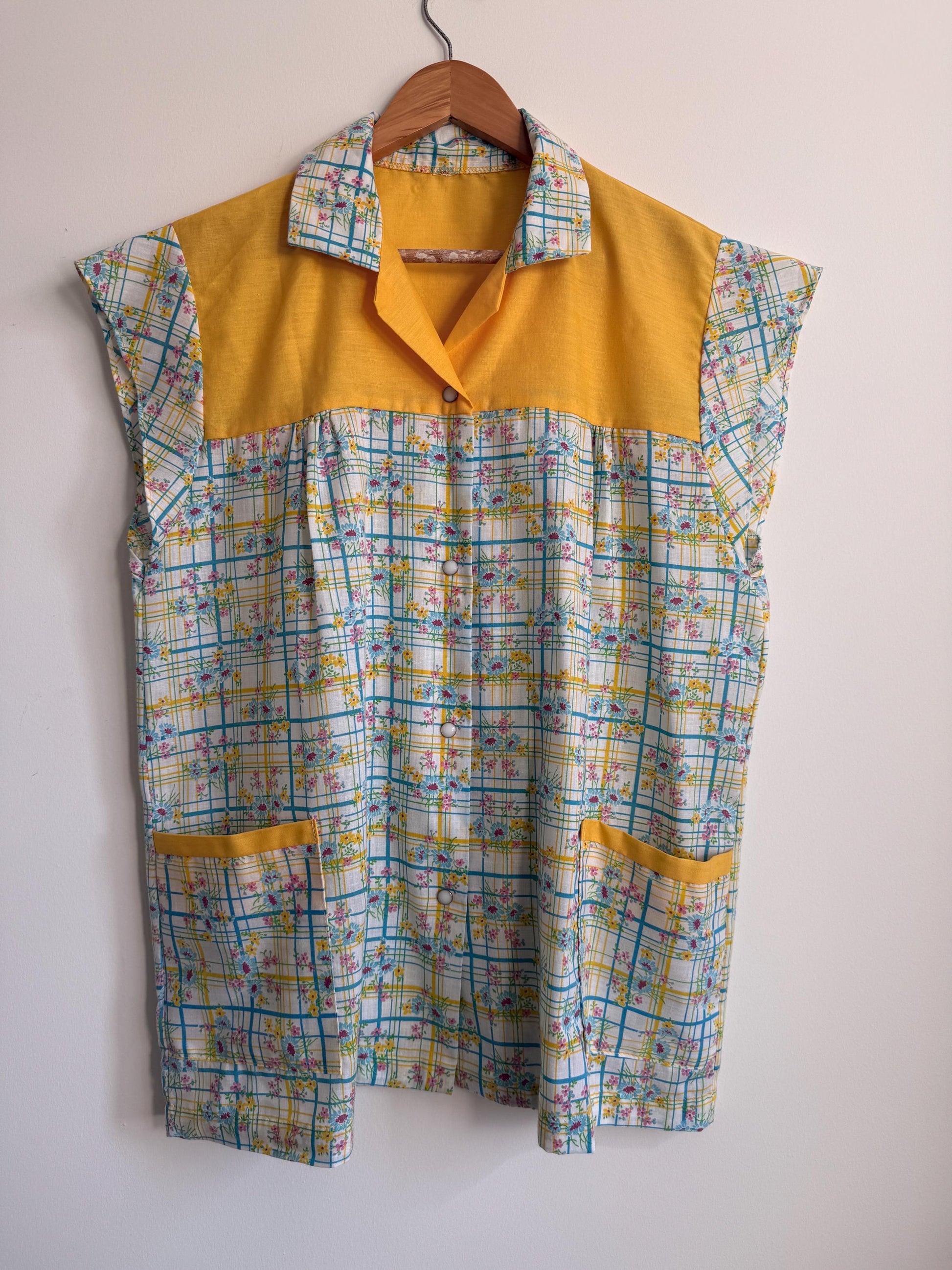 Vintage Floral Check Sleeveless Blouse Yellow Floral Cotton Top Retro Summer Shirt Cottagecore 1970s Style Button Front UK16