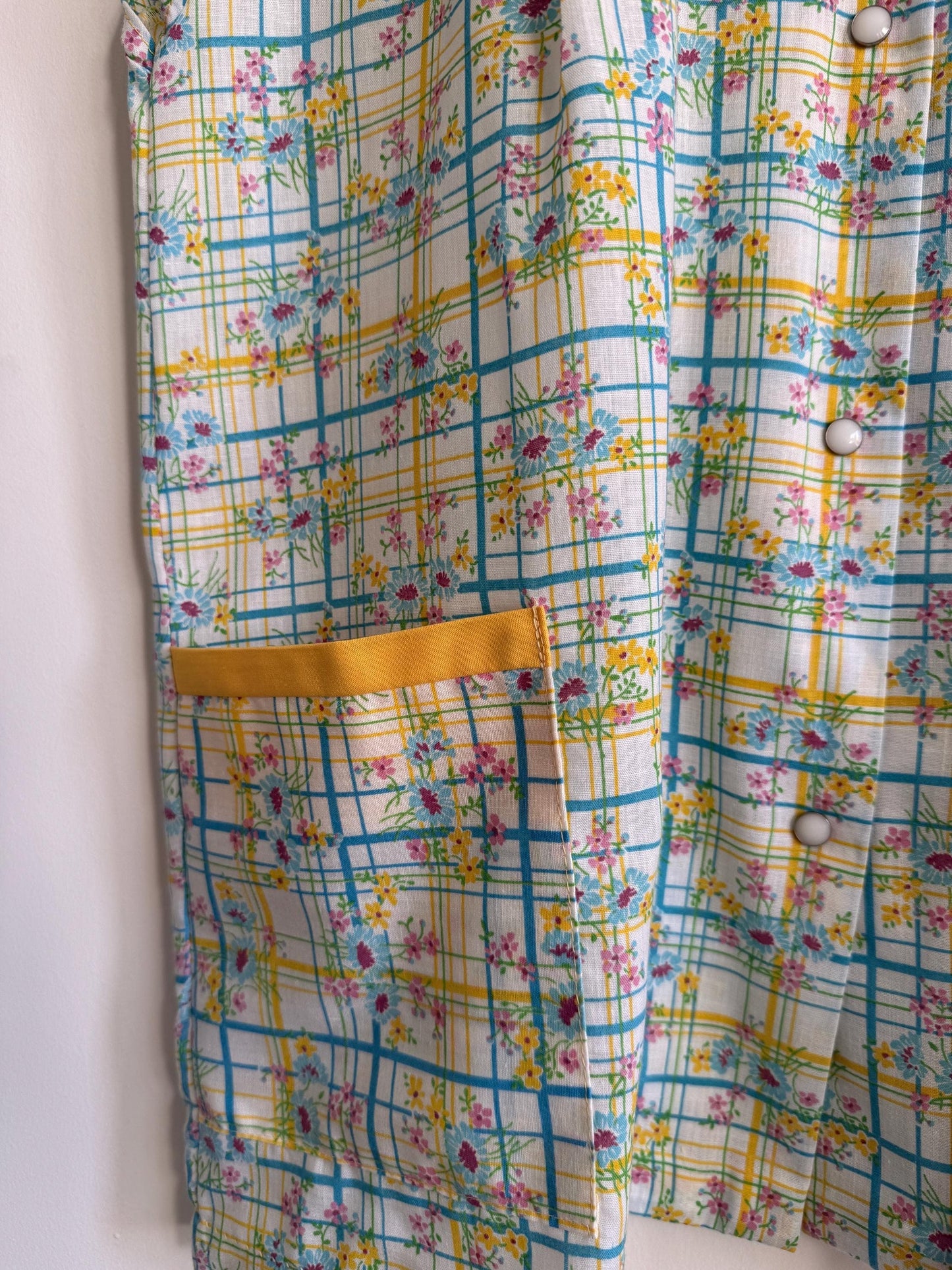 Vintage Floral Check Sleeveless Blouse Yellow Floral Cotton Top Retro Summer Shirt Cottagecore 1970s Style Button Front UK16