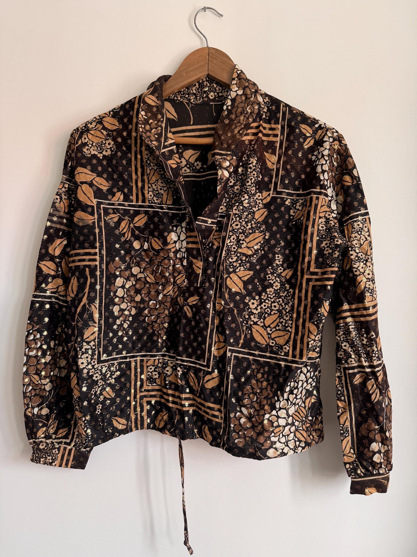 Vintage Floral Patchwork Tie Waist Blouse | Brown & Gold Metallic Print Shirt | Boho 80s Top
