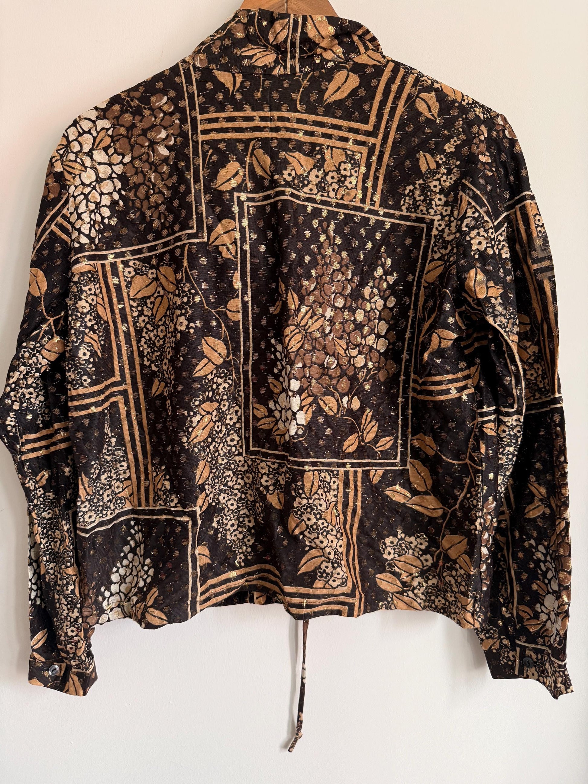 Vintage Floral Patchwork Tie Waist Blouse | Brown & Gold Metallic Print Shirt | Boho 80s Top