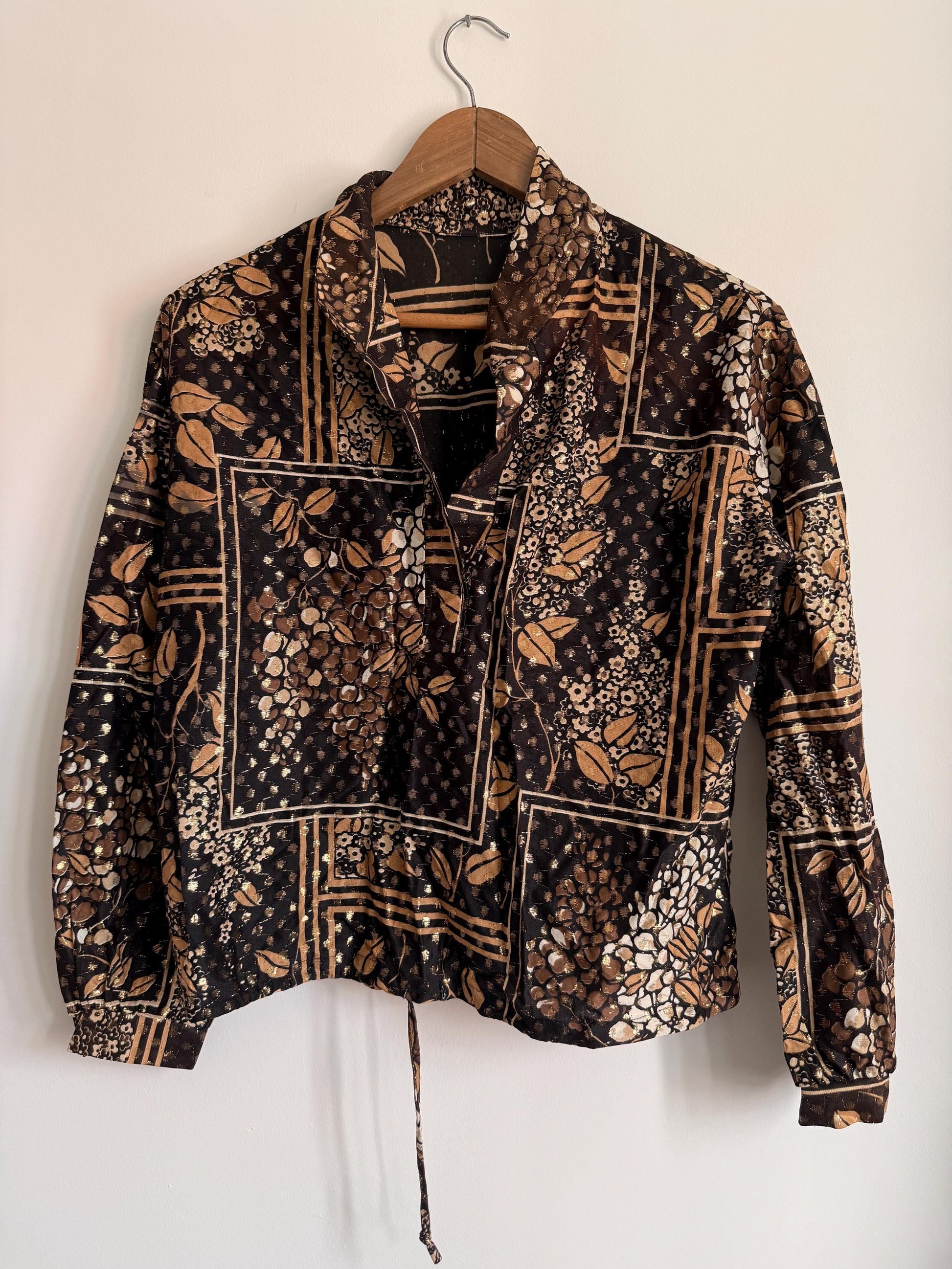 Vintage Floral Patchwork Tie Waist Blouse | Brown & Gold Metallic Print Shirt | Boho 80s Top