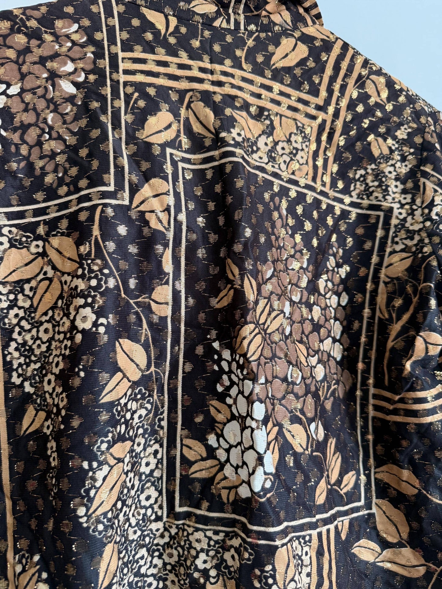 Vintage Floral Patchwork Tie Waist Blouse | Brown & Gold Metallic Print Shirt | Boho 80s Top
