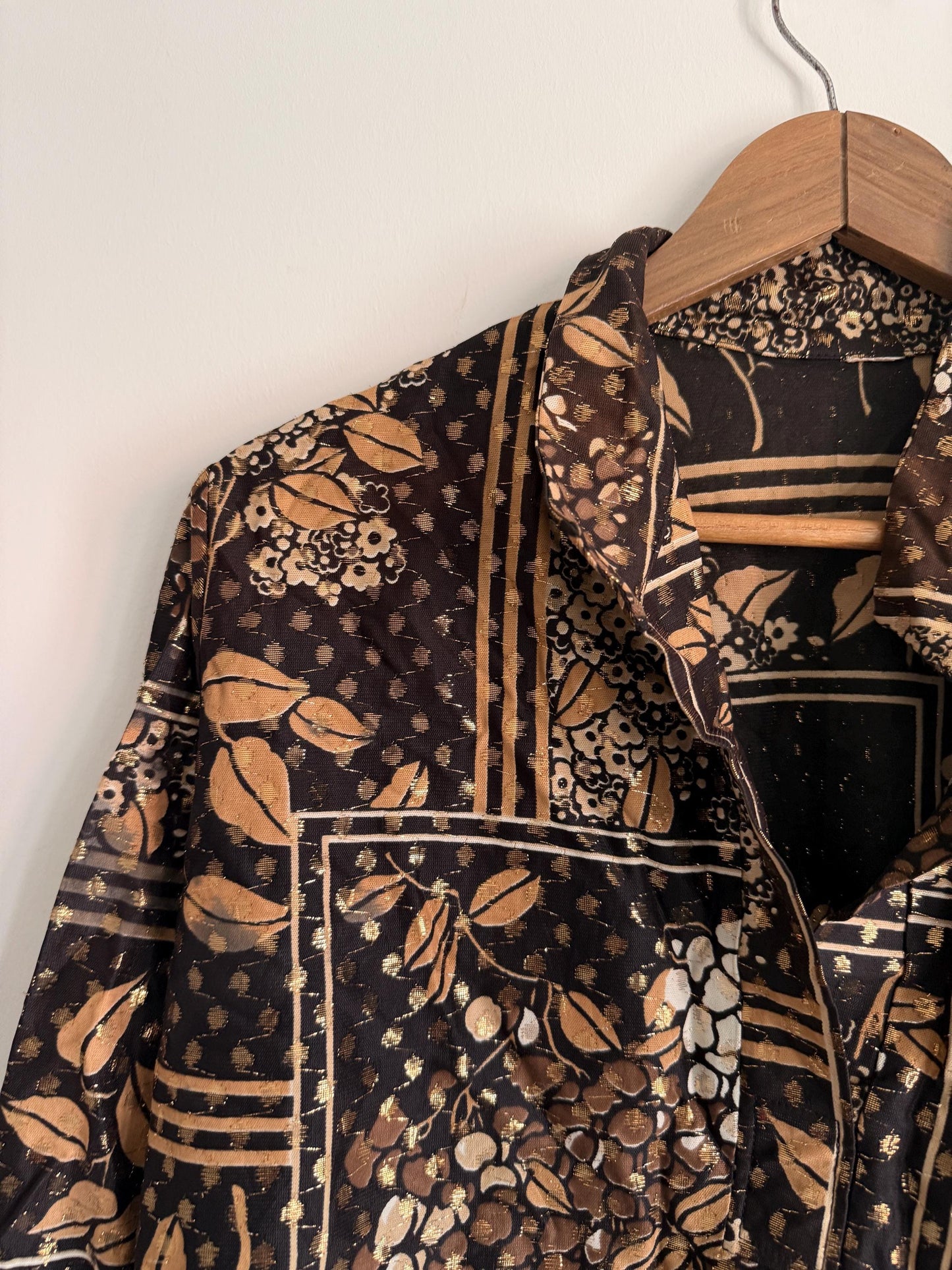 Vintage Floral Patchwork Tie Waist Blouse | Brown & Gold Metallic Print Shirt | Boho 80s Top