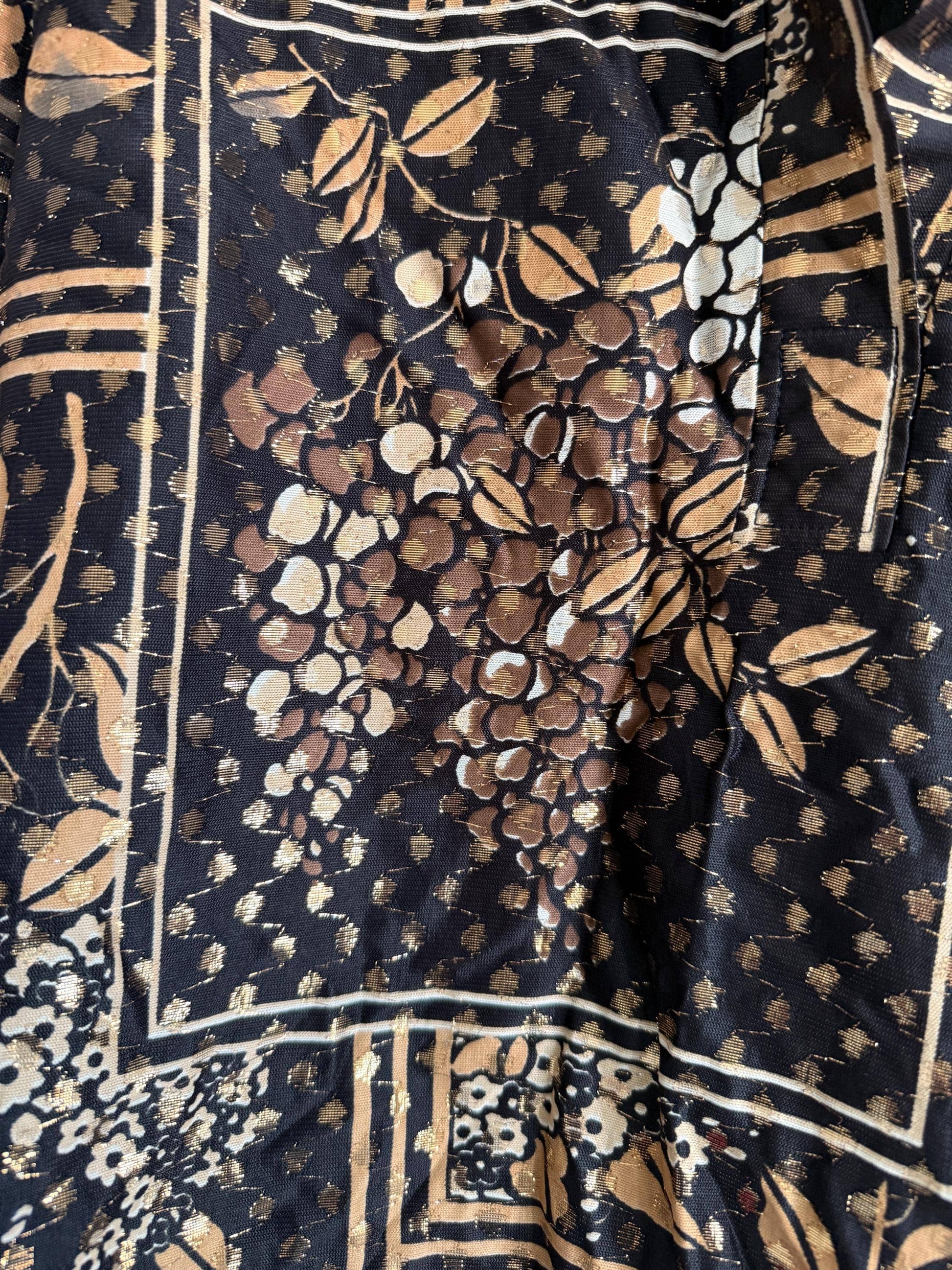 Vintage Floral Patchwork Tie Waist Blouse | Brown & Gold Metallic Print Shirt | Boho 80s Top