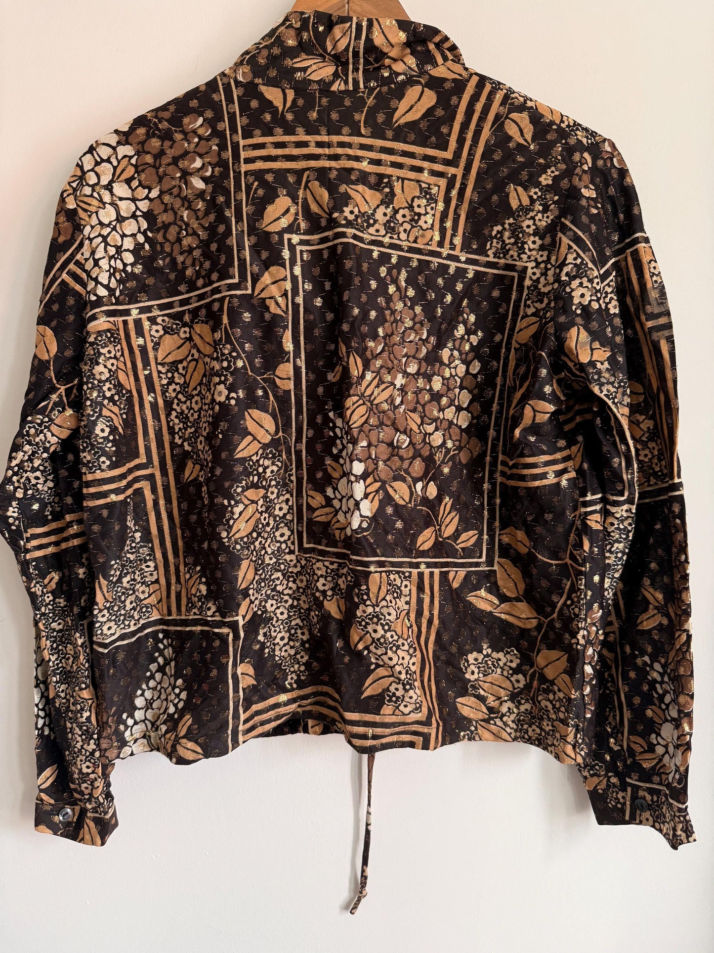Vintage Floral Patchwork Tie Waist Blouse | Brown & Gold Metallic Print Shirt | Boho 80s Top