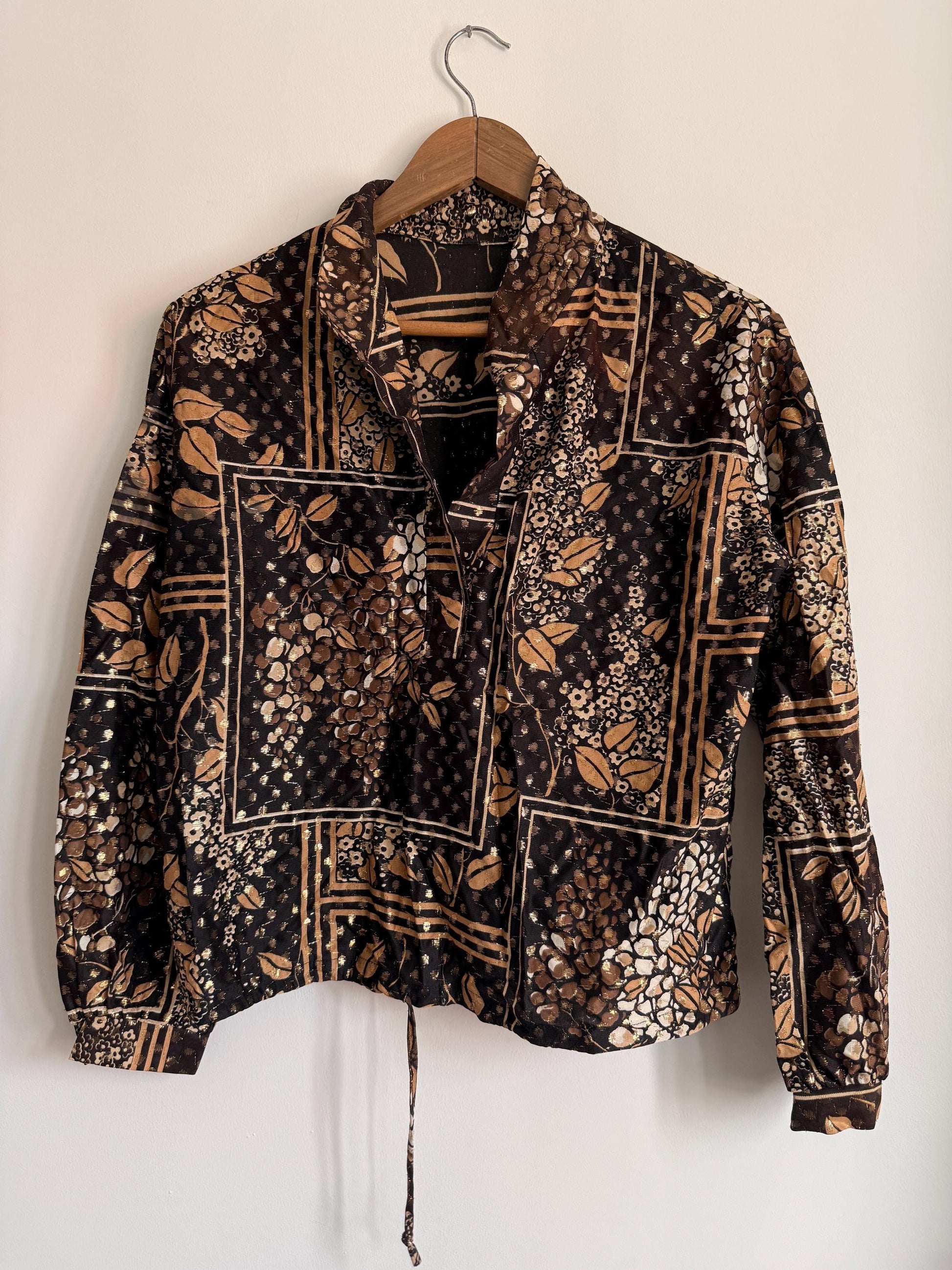 Vintage Floral Patchwork Tie Waist Blouse | Brown & Gold Metallic Print Shirt | Boho 80s Top