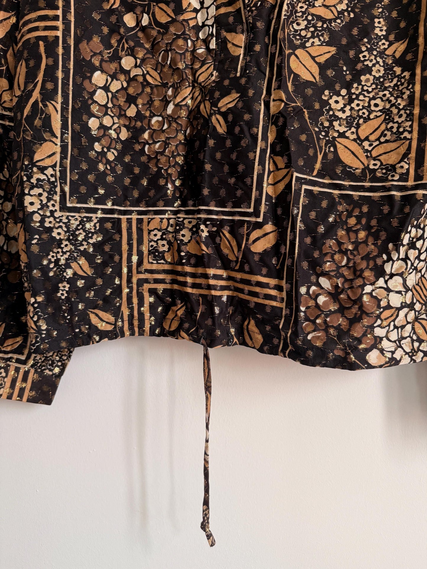Vintage Floral Patchwork Tie Waist Blouse | Brown & Gold Metallic Print Shirt | Boho 80s Top