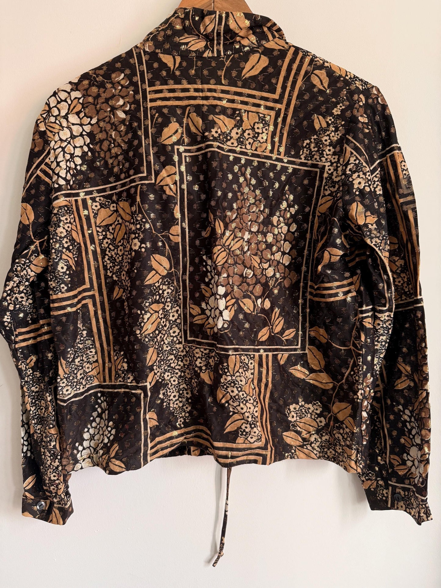 Vintage Floral Patchwork Tie Waist Blouse | Brown & Gold Metallic Print Shirt | Boho 80s Top